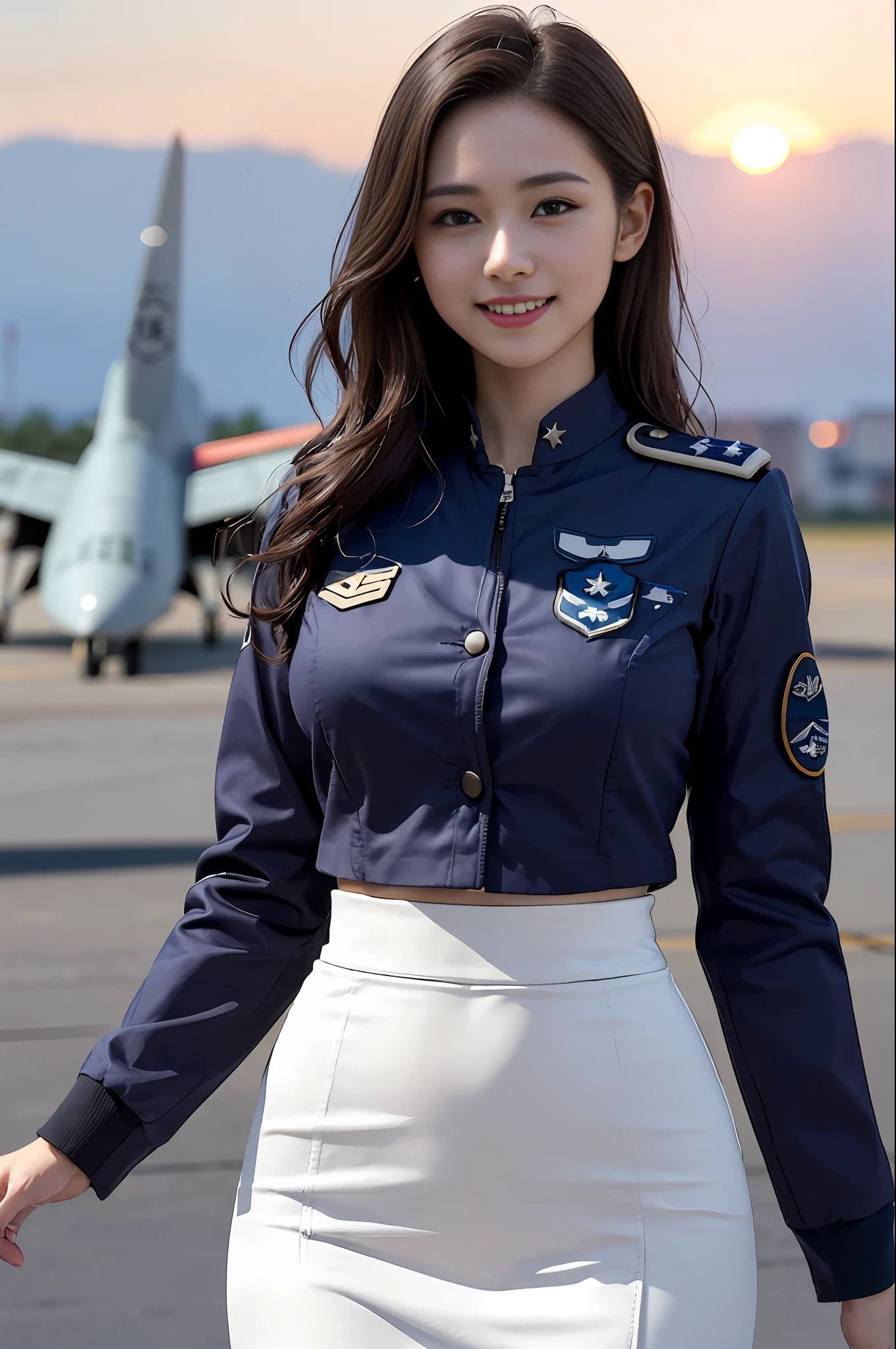 (Best quality, 8k, 32k, Masterpiece, UHD:1.2), (realistic:1.5), (masterpiece, Extremely detailed CG unity 8k wallpaper, best quality, highres:1.2), (ultra detailed, UHD:1.2), Photo of extremely cute and beautiful Japanese woman, (chestnut long wavy hair:1.2), adult, (detailed beautiful girl:1.4), best quality, woman, adult, (detailed US air-force pilot uniform:1.5), (white pilot captain jacket:1.3), (white high-waist pencil skirt:1.3), detailed clothes, (Beautiful sunset US air force base runway view background:1.3), embarrassed laughing:1, light smile, looking at viewer, facing the viewer, ((perfect female body)), (narrow waist:1.2), (upper body image:1.3), slender, abs, (large breasted:1.25), ((frame the head)), wind, dynamic pose, cinematic light, back light, perfect anatomy, perfect proportion, detailed human body, bokeh, depth of field,