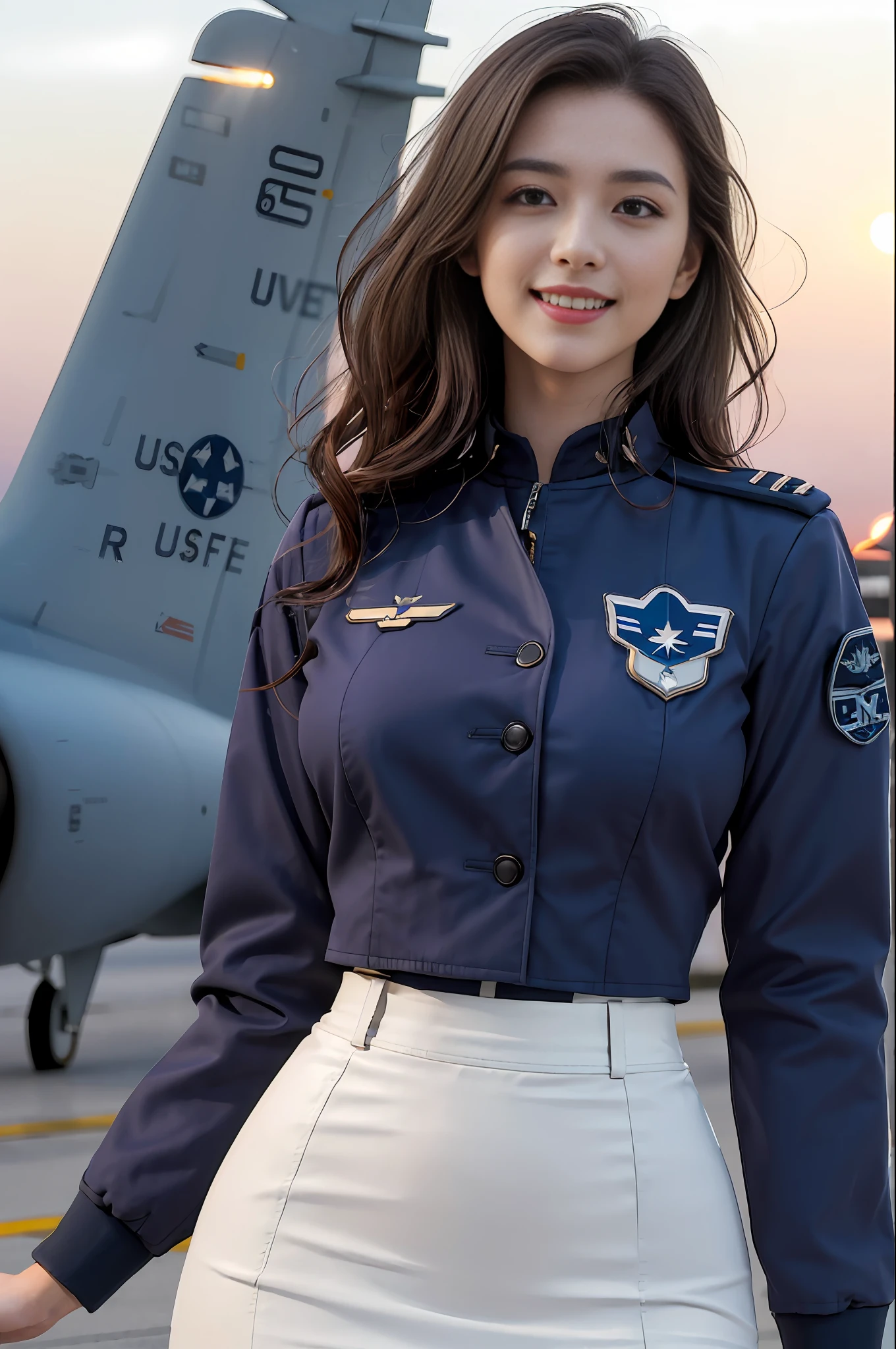 (Best quality, 8k, 32k, Masterpiece, UHD:1.2), (realistic:1.5), (masterpiece, Extremely detailed CG unity 8k wallpaper, best quality, highres:1.2), (ultra detailed, UHD:1.2), Photo of extremely cute and beautiful Japanese woman, (chestnut long wavy hair:1.2), adult, (detailed beautiful girl:1.4), best quality, woman, adult, (detailed US air-force pilot uniform:1.5), (white pilot captain jacket:1.3), (white high-waist pencil skirt:1.3), detailed clothes, (Beautiful sunset US air force base runway view background:1.3), embarrassed laughing:1, light smile, looking at viewer, facing the viewer, ((perfect female body)), (narrow waist:1.2), (upper body image:1.3), slender, abs, (large breasted:1.25), ((frame the head)), wind, dynamic pose, cinematic light, back light, perfect anatomy, perfect proportion, detailed human body, bokeh, depth of field,
