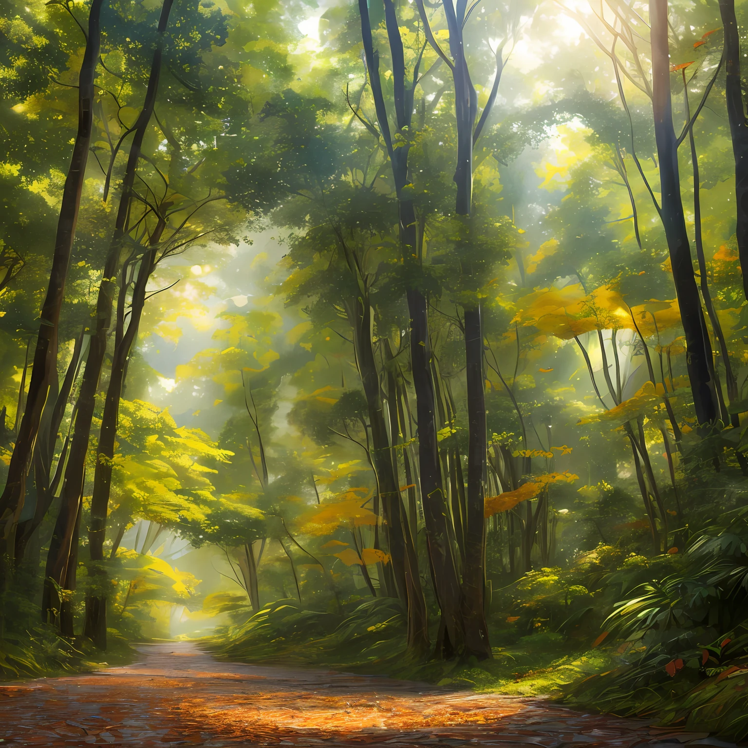 （8k,Best Picture Quality,Masterpieces，9:16）Detailed and intricate digital illustration of dense jungle full of exotic plants and animals，Sunlight filters through the canopy to create a mottled effect。The style of Yoshitaka Amano and Hayao Miyazaki，There is white space，Masterpieces，proportion，detail，Artstation trending，Beautiful lighting，lifelike，Wheels within wheels，Fallen leaves，autumn --auto