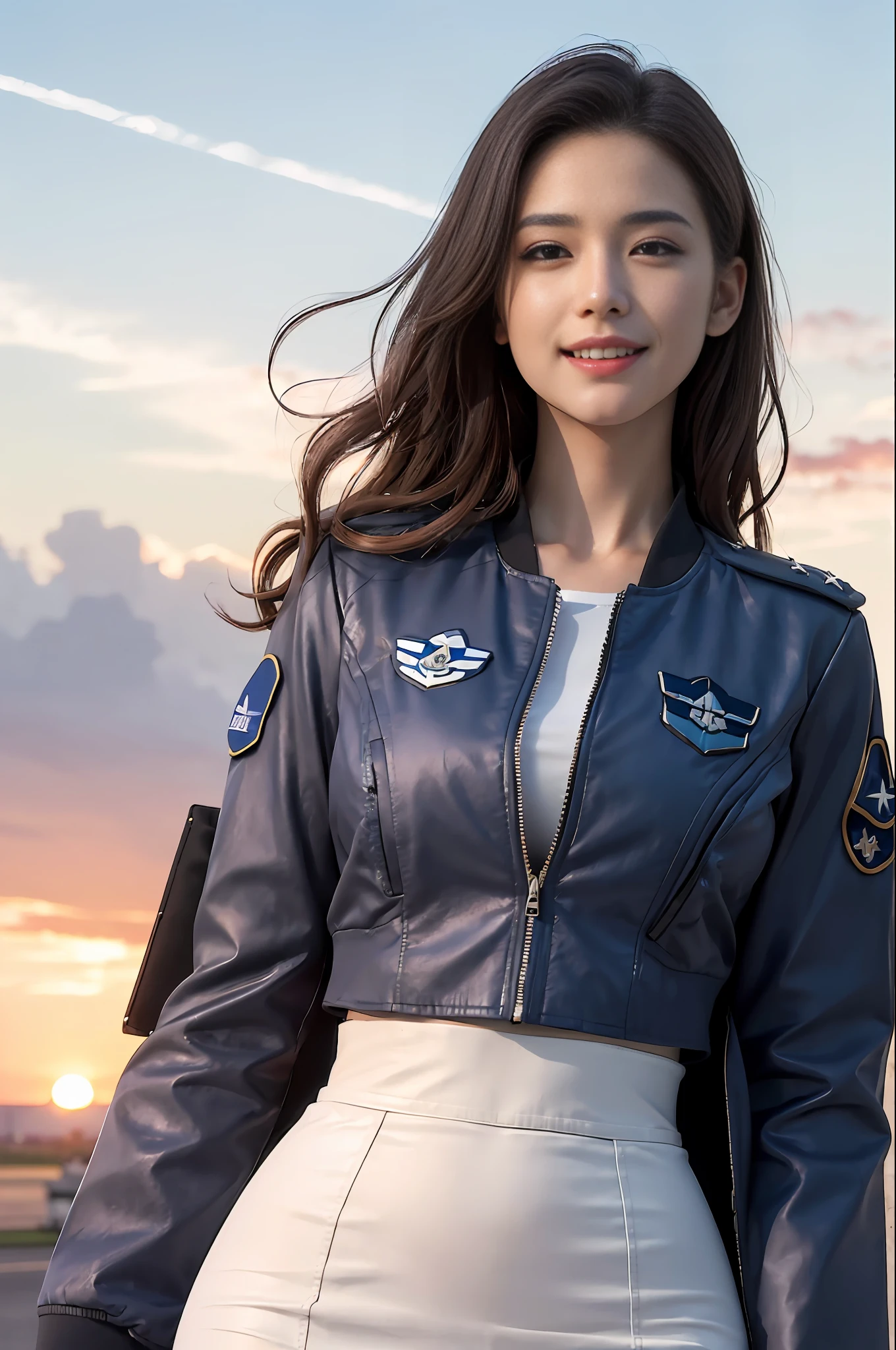 (Best quality, 8k, 32k, Masterpiece, UHD:1.2), (realistic:1.5), (masterpiece, Extremely detailed CG unity 8k wallpaper, best quality, highres:1.2), (ultra detailed, UHD:1.2), Photo of extremely cute and beautiful Japanese woman, (chestnut long wavy hair:1.2), adult, (detailed beautiful girl:1.4), best quality, woman, adult, (detailed US air-force pilot uniform:1.5), (white pilot captain jacket:1.3), (white high-waist pencil skirt:1.3), detailed clothes, (Beautiful sunset US air force base runway view background:1.3), embarrassed laughing:1, light smile, looking at viewer, facing the viewer, ((perfect female body)), (narrow waist:1.2), (upper body image:1.3), slender, abs, (large breasted:1.25), ((frame the head)), wind, dynamic pose, cinematic light, back light, perfect anatomy, perfect proportion, detailed human body, bokeh, depth of field,