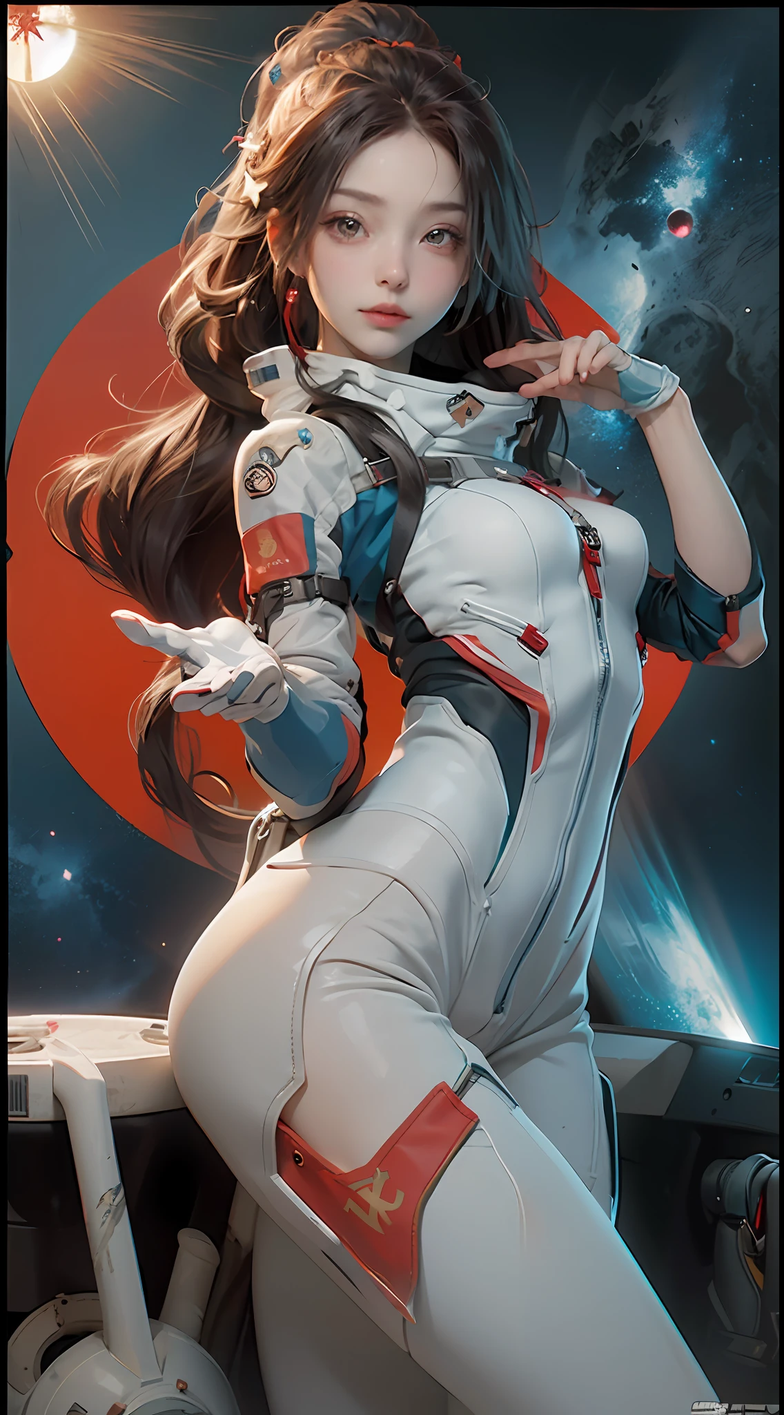 1girl, flat chested, cute, beautiful detailed eyes, shiny hair, visible through the hair, hair between the eyes, CCCPposter, sovietposter, red monochrome, Soviet poster, USSR, communism, black hair, red eyes, vampire ,girl,small breasts,spacesuit:Orange_clothing_body:jumpsuit ), white_gloves, white_space shoes, white_helmet, CCCP scarlet letters on the top of the helmet, weightlessness, Side light, reflection, the person in the spacesuit is at the bottom left of the picture, right hand outstretched, right hand Gently touch the Salyut space station), the space station in the upper right corner of the screen, the reflected light of the sun, silver metal, red flag, brilliance, Soviet style, diffuse reflection, metal texture, blue earth in the distance, mech style, star sea, high-profile, majestic