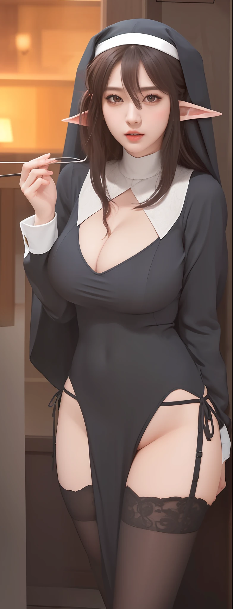 An Idol k-pop girl, cute face, braid hair, intricate face details, detailed face, golden ratio face, ((big breasts:1, slim waist, big butt, big hip, big thighs)), ((intricate hands)), ((intricate feets)), full body, 64K, UHD, HDR, global illumination, (high quality, high detailed, hyper detailed, extremely detailed), photo realistic, ultra realistic, art photo, (clarify the details, detailed parts body), intricate artwork masterpiece, trending on artstation, (lewd face), tight clothes, ((red eyes)), ((elf ears)), drunk face, nun outfits