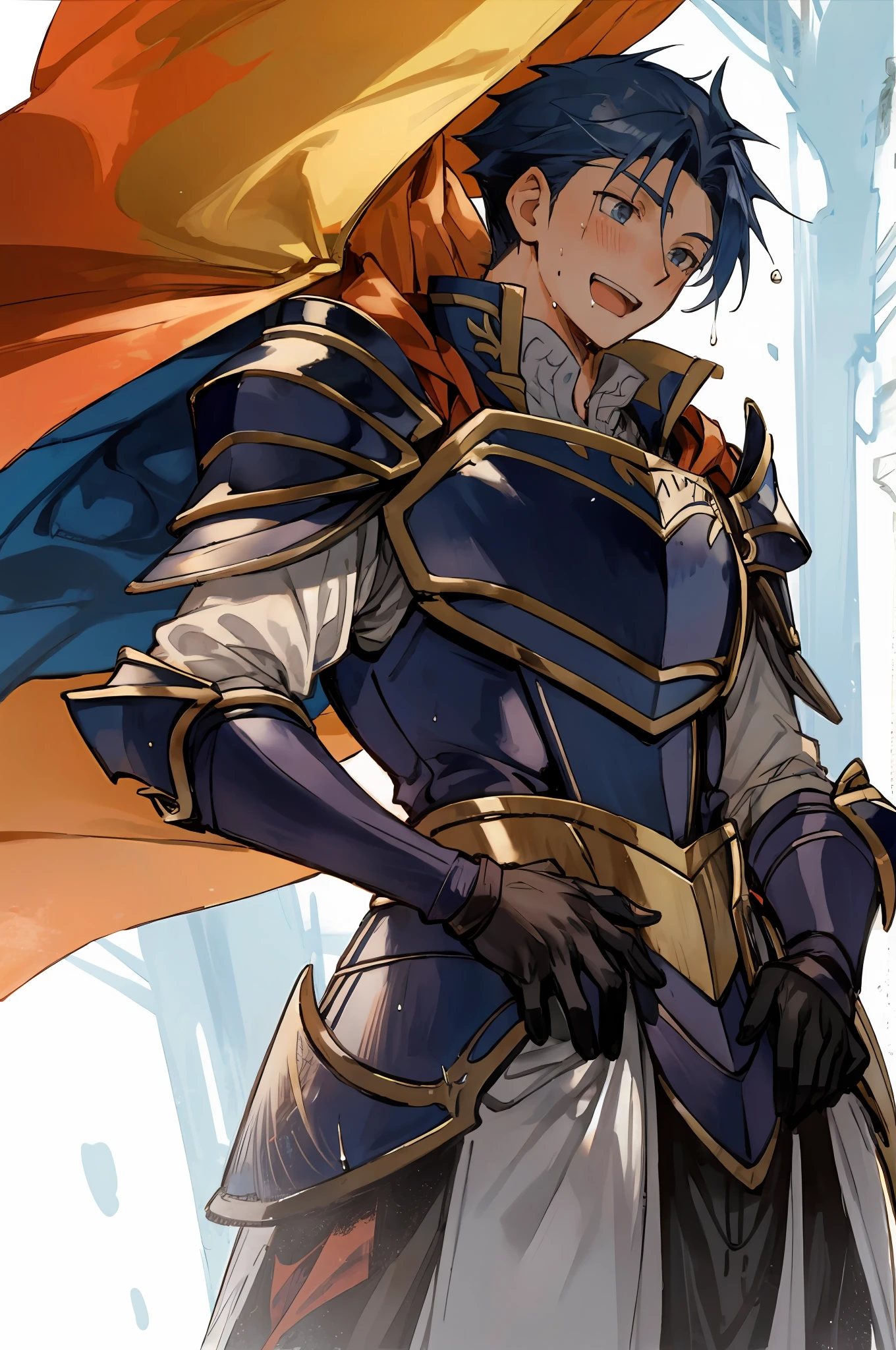 Hector Fey, soloist, looking at the audience, smiling, open mouth, sweating, drenching, wet, drooling, gloves, 1boy, blue hair, male focus, cape, armor, from below,
