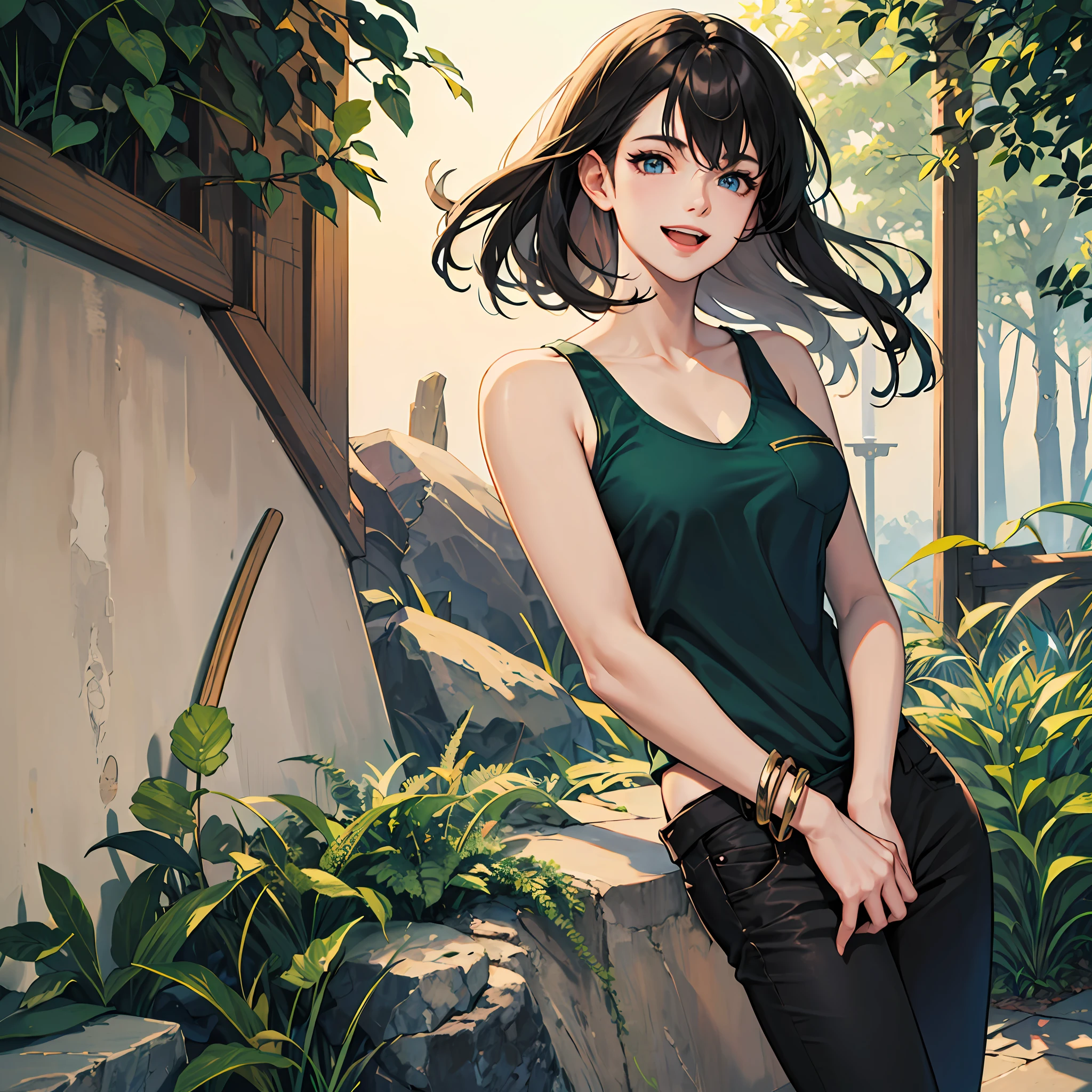 standing pretty girl, female focus,1 girl, absurdres, armlet, bare shoulders, ( black tank top + Dark green jumper + Black pants),ultra detailed,Blue eyes,slender, Hair Between Eyes, joints, Long hair, anime, solo, Dark hair, high quality, masterpiece,detailed dimly lit forest、Gray sky、mist、(Vacant chest + lovely large breasts and areolas + wide hip), Put your hands in your pockets、smile、Open mouth、smile with wite teeth,beautiful girl, detail face, sexy facial expression