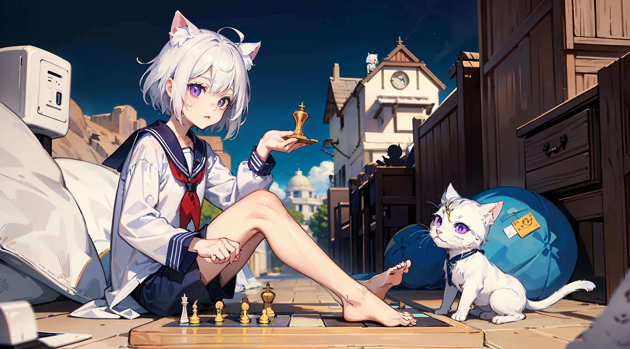 Pale skinned zombie white hair cat ears ,a short hair,Purple eyes,Blue and white striped sailor suit,Blue and white striped shorts,Barefoot,Play chess in the desert