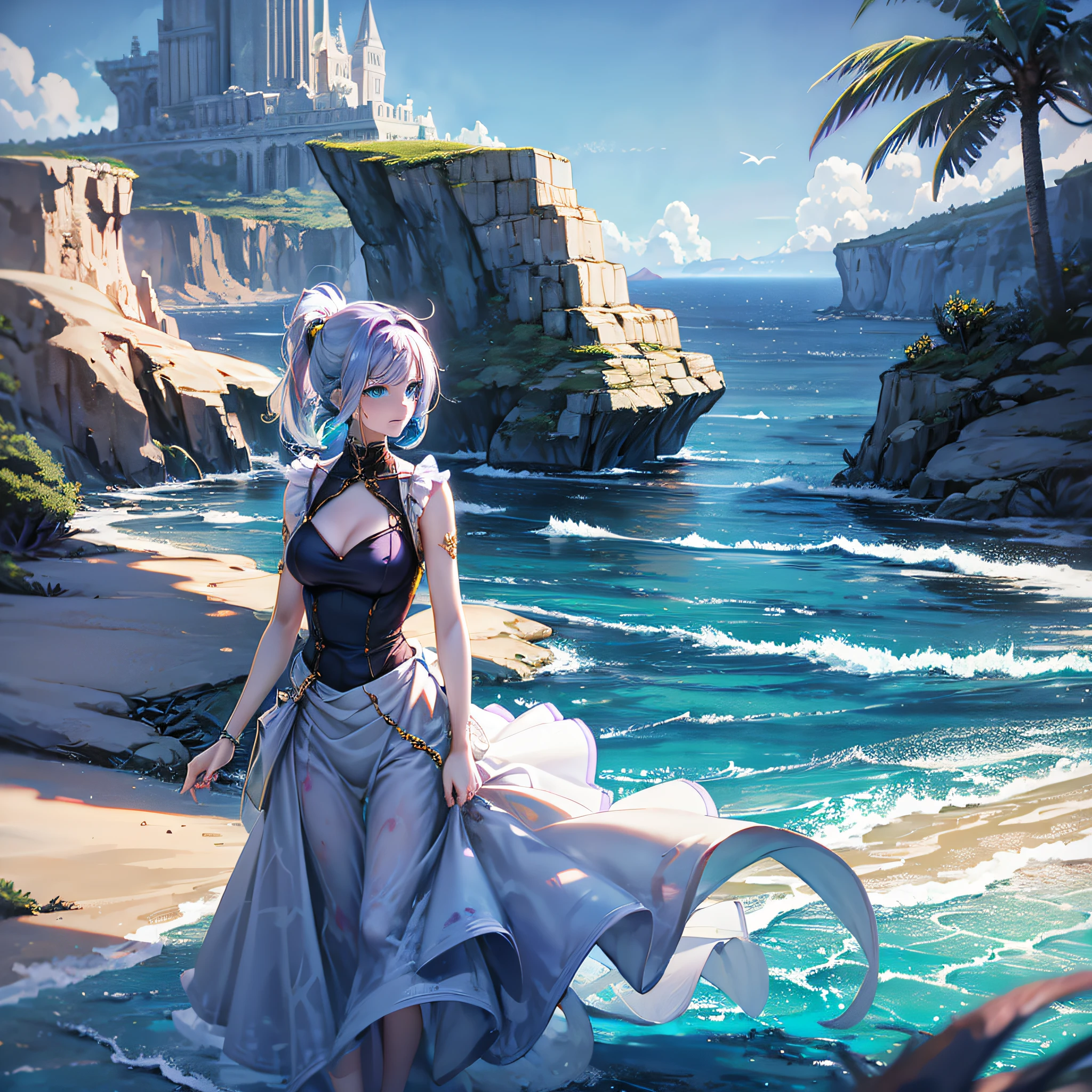 (extremely detailed CG unity 8k wallpaper,masterpiece, best quality, ultra-detailed), (best illumination, best shadow, an extremely delicate and beautiful), floating, dynamic angle, dynamic pose, 1girl, blue eyes, (multicolored_hair+silver hair:1.3+red hair:1.2+purple hair+yellow hair:1.3+green hair:1.4), watercolor style, twilight, wide shot