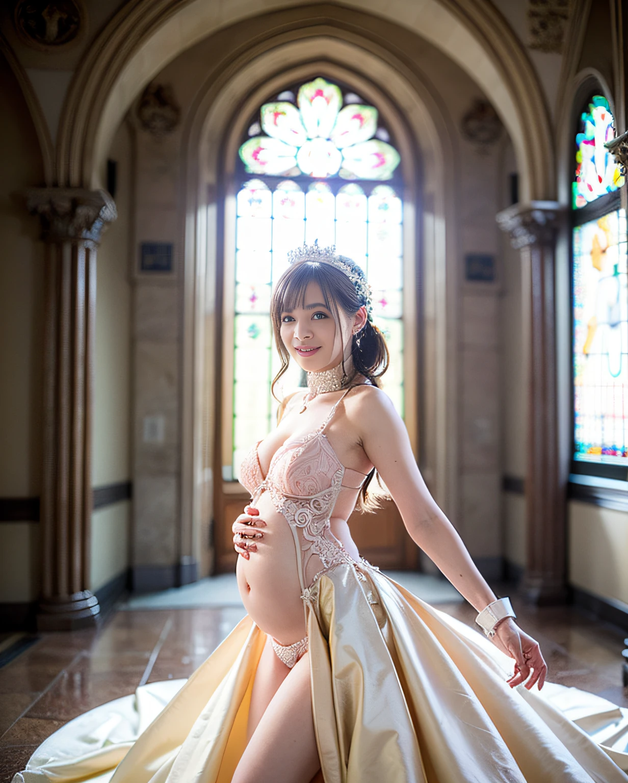 (((1))),((Photorealistic))), ((AKB 48)), ((Full body photo)), (Lens flare)))),((Backlight)), (Inside the Church))(Virgin Road)))), Tiara,(Smile)),((NIKON Z))),(20 years old)),((Larger bust)), ((((Pink Wedding Dress)))) , (((Pore feeling)))), (skin feeling)))), (((Photorealism: 6, Realistic)))), (((sideways and turning around pose)),Perfect breast shape, bare buttocks, side ponytail, ribbon, hair ornament, pale skin, looking at viewer, big hips, big cleavage, full body standing position, slave collar, high leg cut panties, looking at camera, smile, gal, chubby figure, Japan, pregnant woman