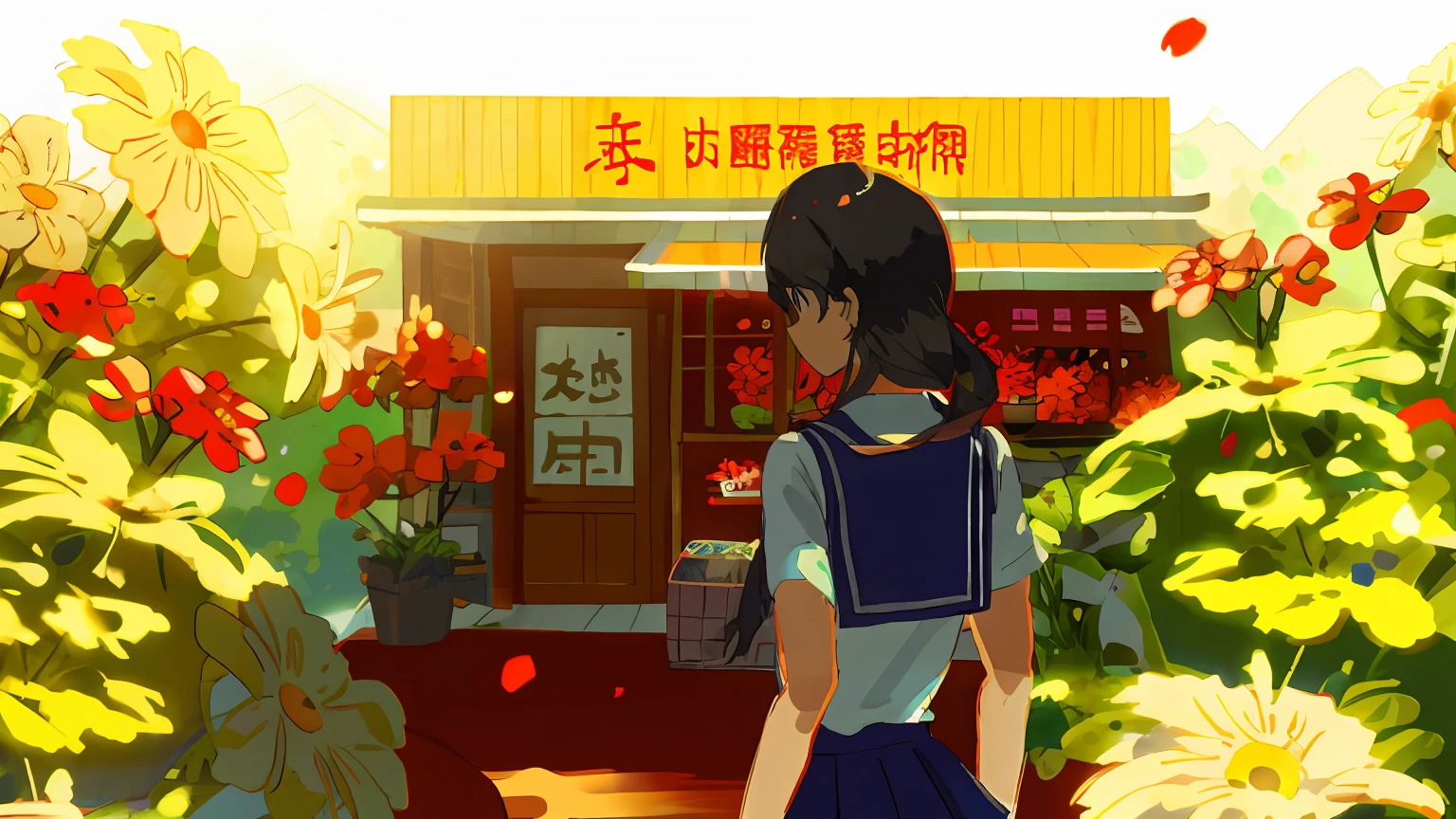 girl，Turn around，Close-up，Clumps of small red flowers，Fucai store，sun shine，High-precision illustration，Casual wear