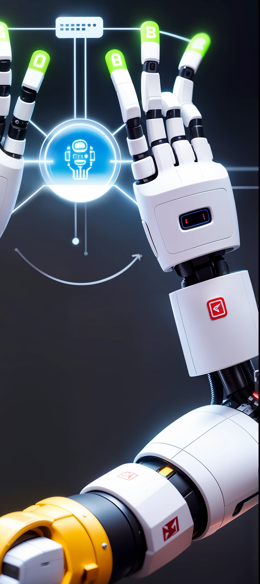 a close up of a robot hand with a lot of icons coming out of it, endless collaboration with ai, strong artificial intelligence, artificial intelligence, with ai theme, artificial intelligence!!, the coming ai singularity, robot in data center, robotics, with robotic arms, artificial intelligence machine, with a robotic arm, robotic, robotic enhancements, ai startup