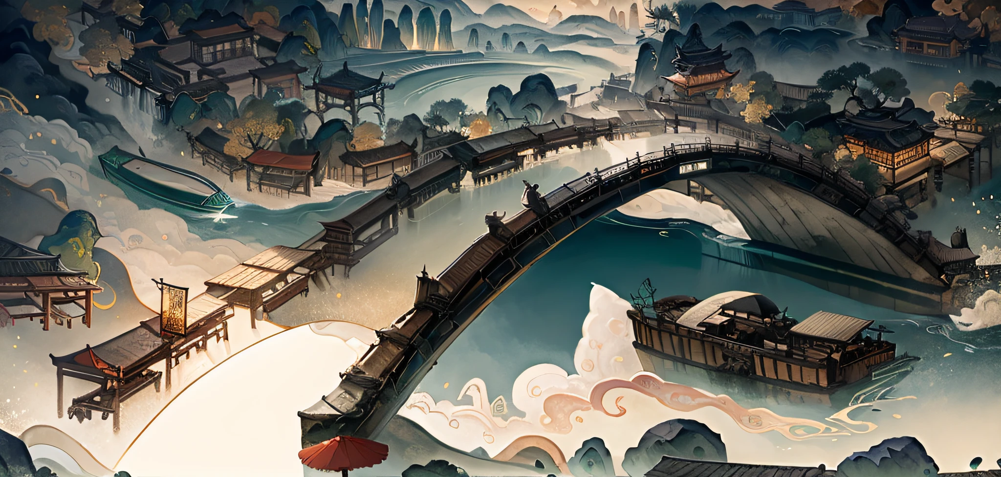 Ancient Chinese landscape, mountains, rivers, auspicious clouds, sunlight, masterpiece, super detail, epic composition, ultra high definition, high quality, extremely detailed, official art, uniform 8k wallpaper, super detail, 32k -- v 6