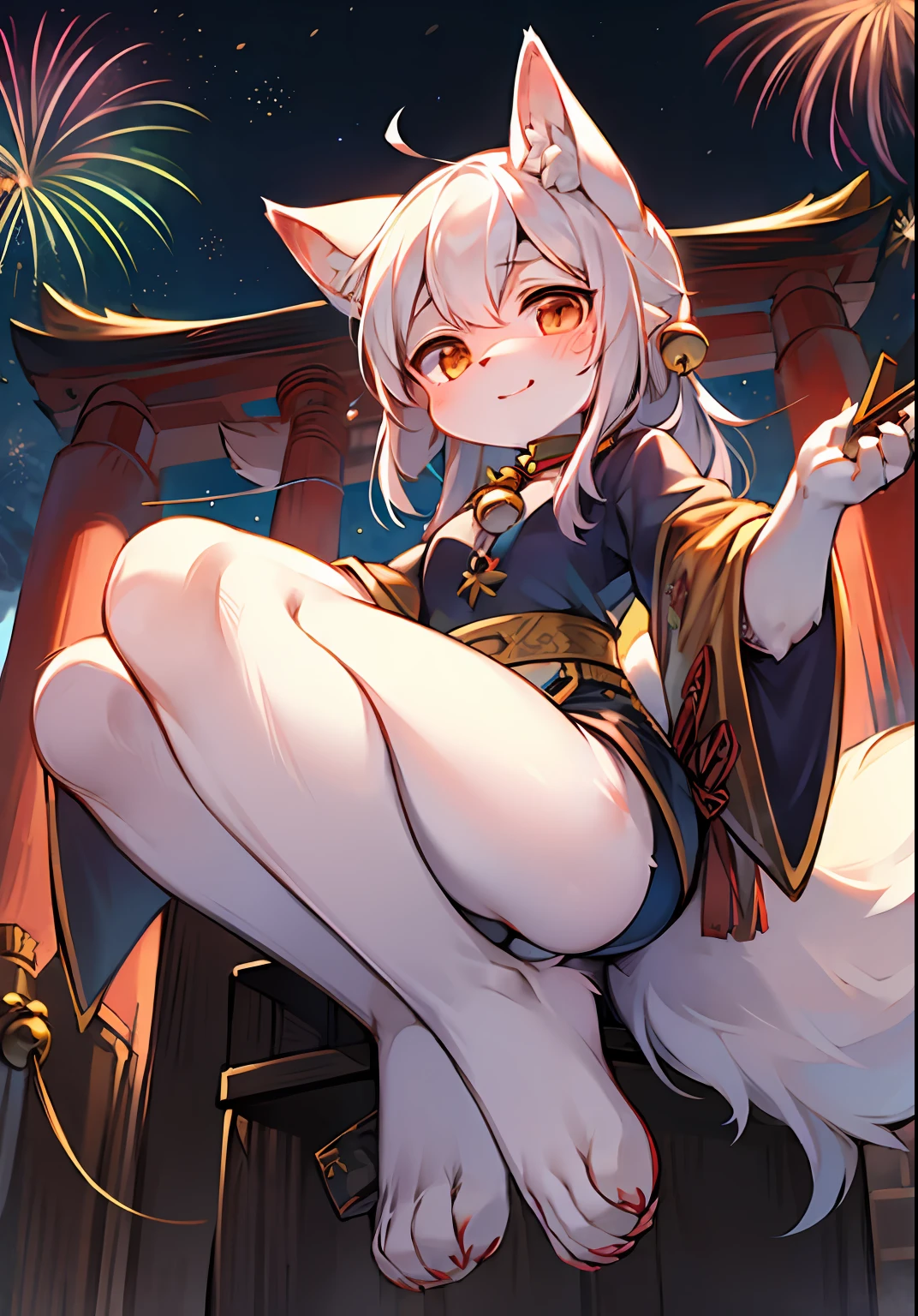 Dark environment，Brilliant fireworks，best quaity，8K，At night，Shrine scene，Inari Shrine，Bong box，The afterglow of fireworks spills on the pillars of the shrine，Fox type，Long white hair，Furry tail and ears，The tail and ears are printed with the color of fireworks，Girl on a solo basis，Age not more than ，White witch costume，Holding Kagura bells，Super cute face，