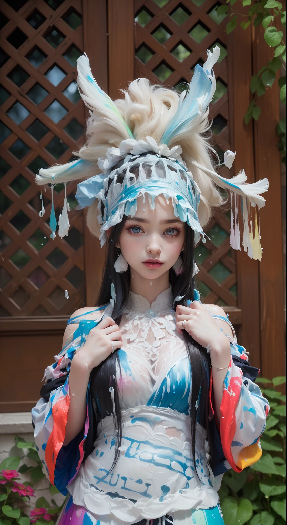 (Pink Fashion T-shirt:1.9),(Colorful hair: 1.8), (all the colours of the rainbow: 1.8),(((((vertical painting:1.6))), (painting:1.6),front, comics, illustrations, paintings, large eyes, crystal clear eyes,( rainbow color gradient high ponytail:1.7), exquisite makeup, closed mouth,(Small Fresh: 1.5),(Wipe Chest: 1.6) ,long eyelashes, white off shoulder T-shirt, White Shoulder Shirt,looking at the audience, large watery eyes, (rainbow colored hair:1.6), color splash, (solo:1.8), color splash, color explosion, thick paint style, messy lines, ((shining)),(colorful), (colorful), (colorful), colorful, Thick Paint Style, (Splash) (Color Splash), Vertical Painting, Upper Body, Paint Splash, Acrylic Pigment, Gradient, Paint, Highest Image Quality, Highest Quality, Masterpiece, Solo, Depth of Field, Face Paint, colorful clothes, (Elegant: 1.2), gorgeous,long hair, wind, (Elegant: 1.3), (Petals: 1.4),(((masterpiece))),(((best quality))),((ultra-detailed)),(illustration),(dynamic angle),((floating)),(paint),((disheveled hair)),(solo),(1girl) , (((detailed anima face))),((beautiful detailed face)),collar,bare shoulders,white hair, ((colorful hair)),((streaked hair)),beautiful detailed eyes,(Gradient color eyes),(((colorful eyes))),(((colorful background))),(((high saturation))),(((surrounded by colorful splashes))),