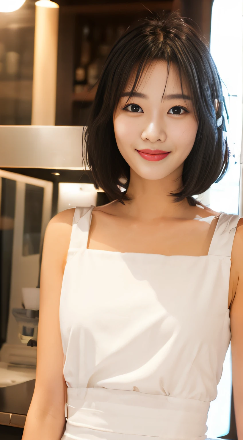 smile, white clothes, black hair, café
