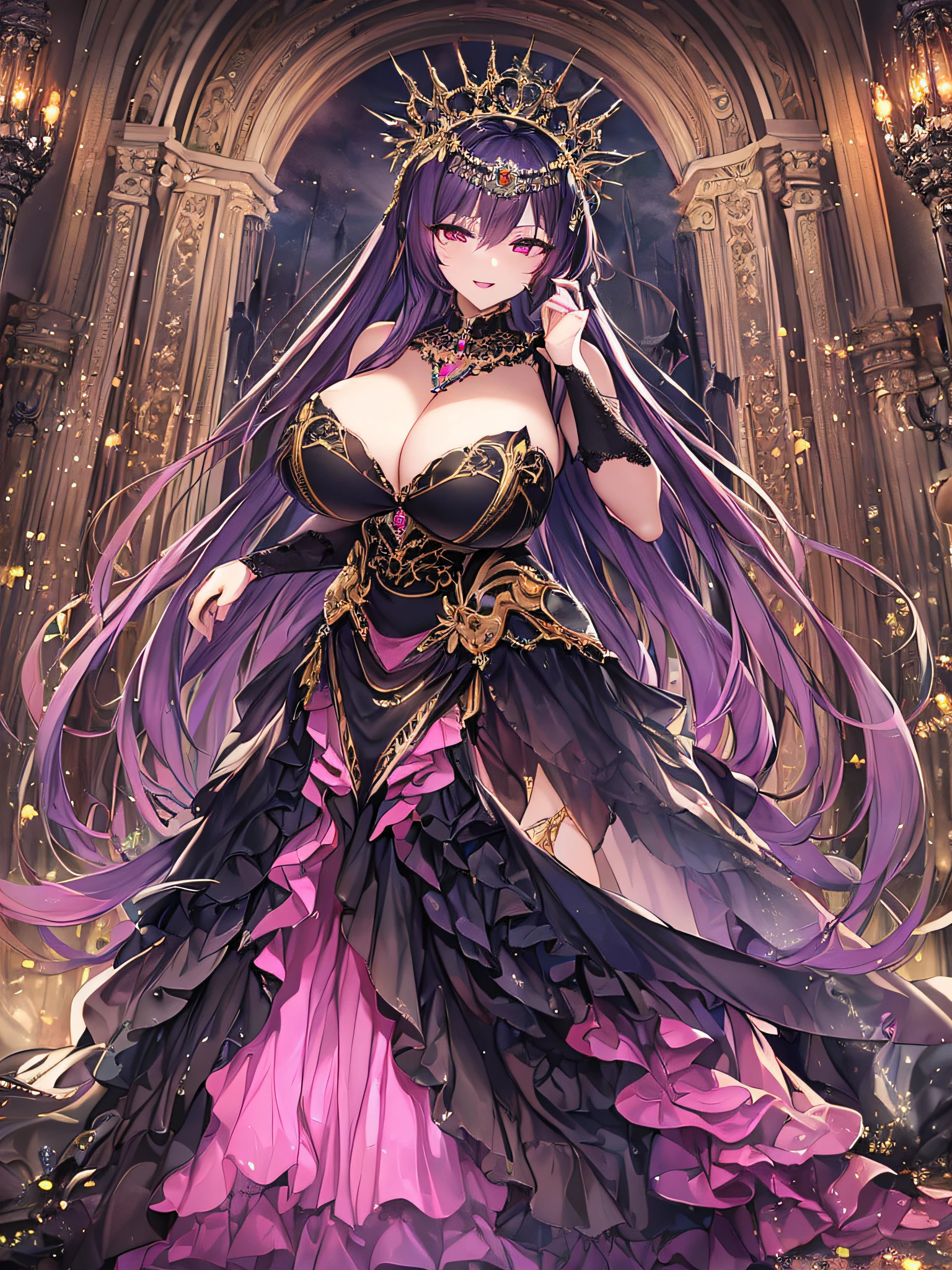 ((anime artstyle)),(Masterpiece),(Best Quality), (Super Detail),((Very Delicate and Beautiful)),Focus on character,Dynamic Angle,Looking at viewer,((Solo)),standing,(((full body))),((one evil and cute princess in gorgeous ball gown with voluminous skirt)),detailed face and eyes,(Wicked laugh),jewel-like eyes,((Very Long voluminous Hair)),gorgeous embroidery and lace,See-through,ornate ruffles,Gorgeous jewelry ornaments,luxury hair ornament,luxury and evil tiara with jewels,(gigantic breasts,Long breasts),full body,(((evil and dark atmosphere))),full body,((gorgeous ball gown with voluminous skirt))