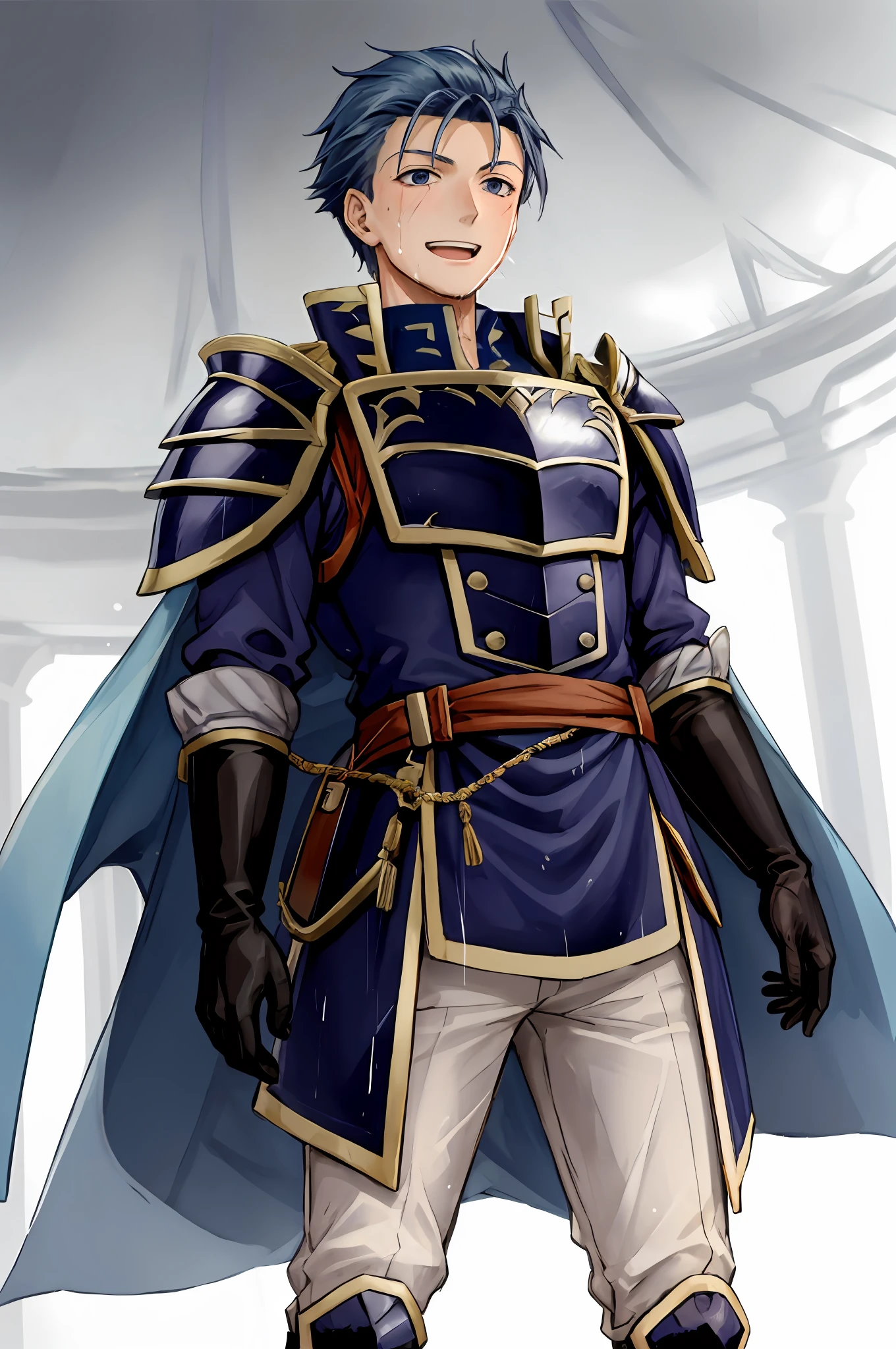 Hector Fey, soloist, looking at the audience, smiling, open mouth, sweating, drenching, wet, drooling, gloves, 1boy, blue hair, male focus, cape, armor, from below,