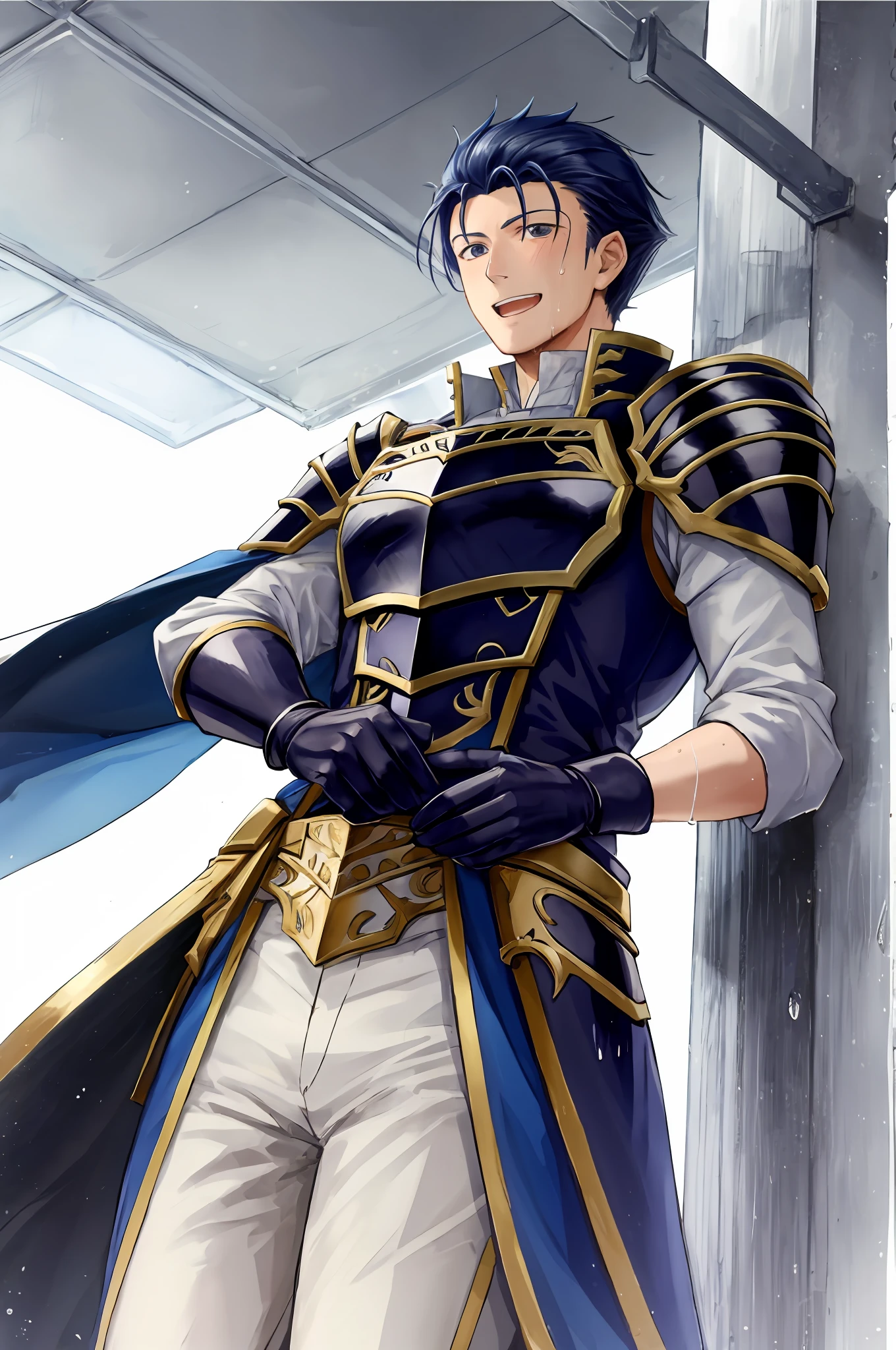Hector Fey, soloist, looking at the audience, smiling, open mouth, sweating, drenching, wet, drooling, gloves, 1boy, blue hair, male focus, cape, armor, from below,