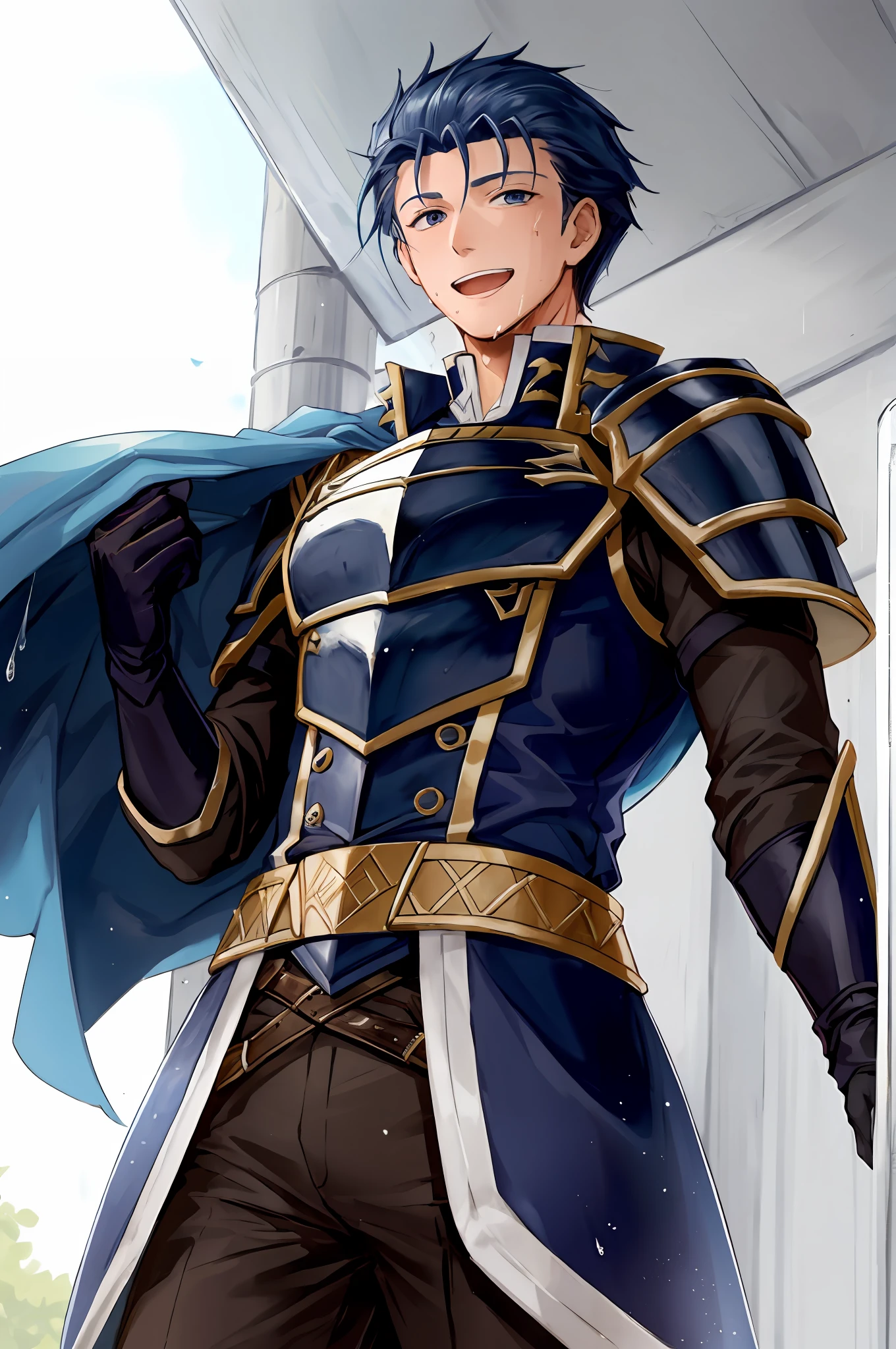 Hector Fey, soloist, looking at the audience, smiling, open mouth, sweating, drenching, wet, drooling, gloves, 1boy, blue hair, male focus, cape, armor, from below,