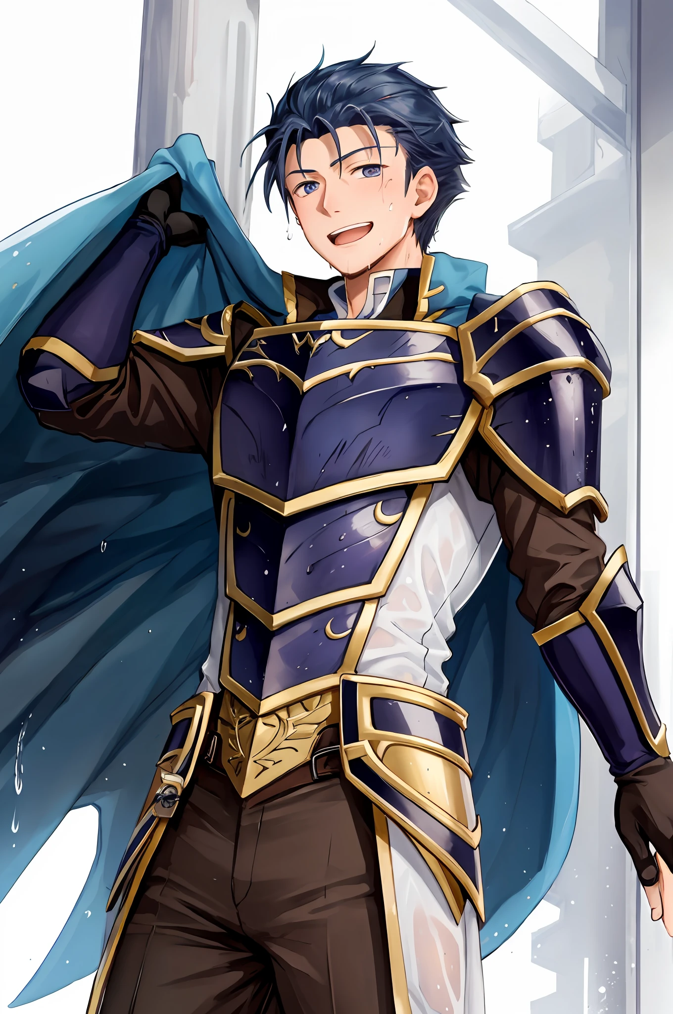 Hector Fey, soloist, looking at the audience, smiling, open mouth, sweating, drenching, wet, drooling, gloves, 1boy, blue hair, male focus, cape, armor, from below,