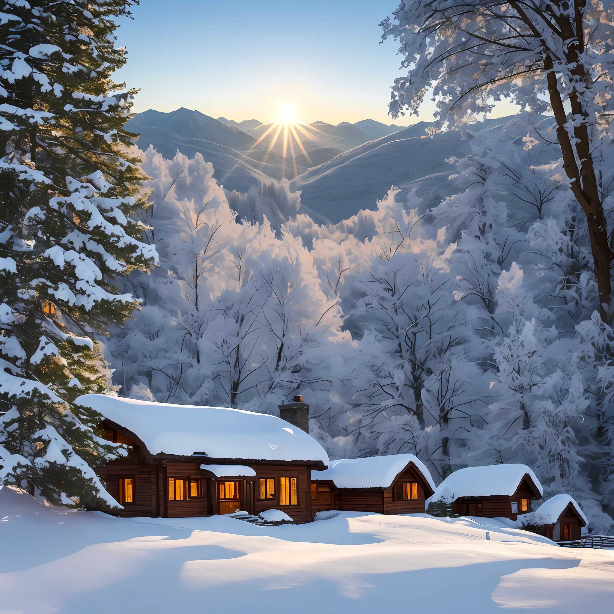 A cottage in a Snowy mountain showing the morning sun from the east --auto