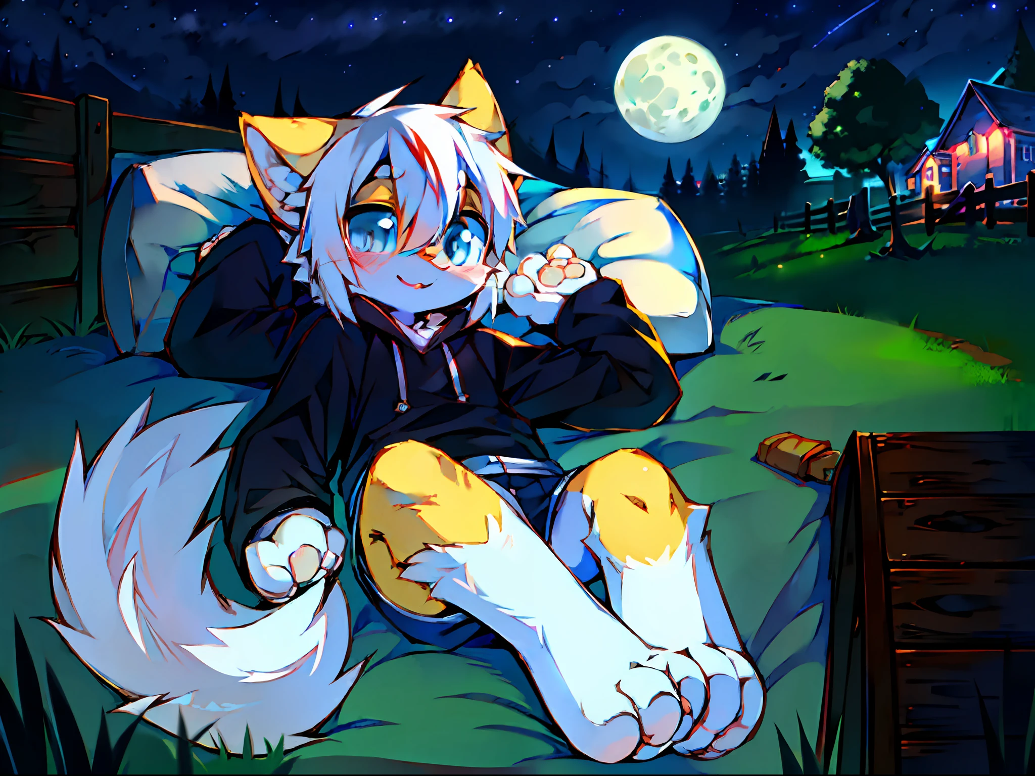 kitty，White hair，White cat ears，White cat tail，Blue eyes，Sky blue paws，adorable，big eye，Shota，Wearing a black sweatshirt，A night with beautiful starry skies，Lie on the lawn and watch the moon