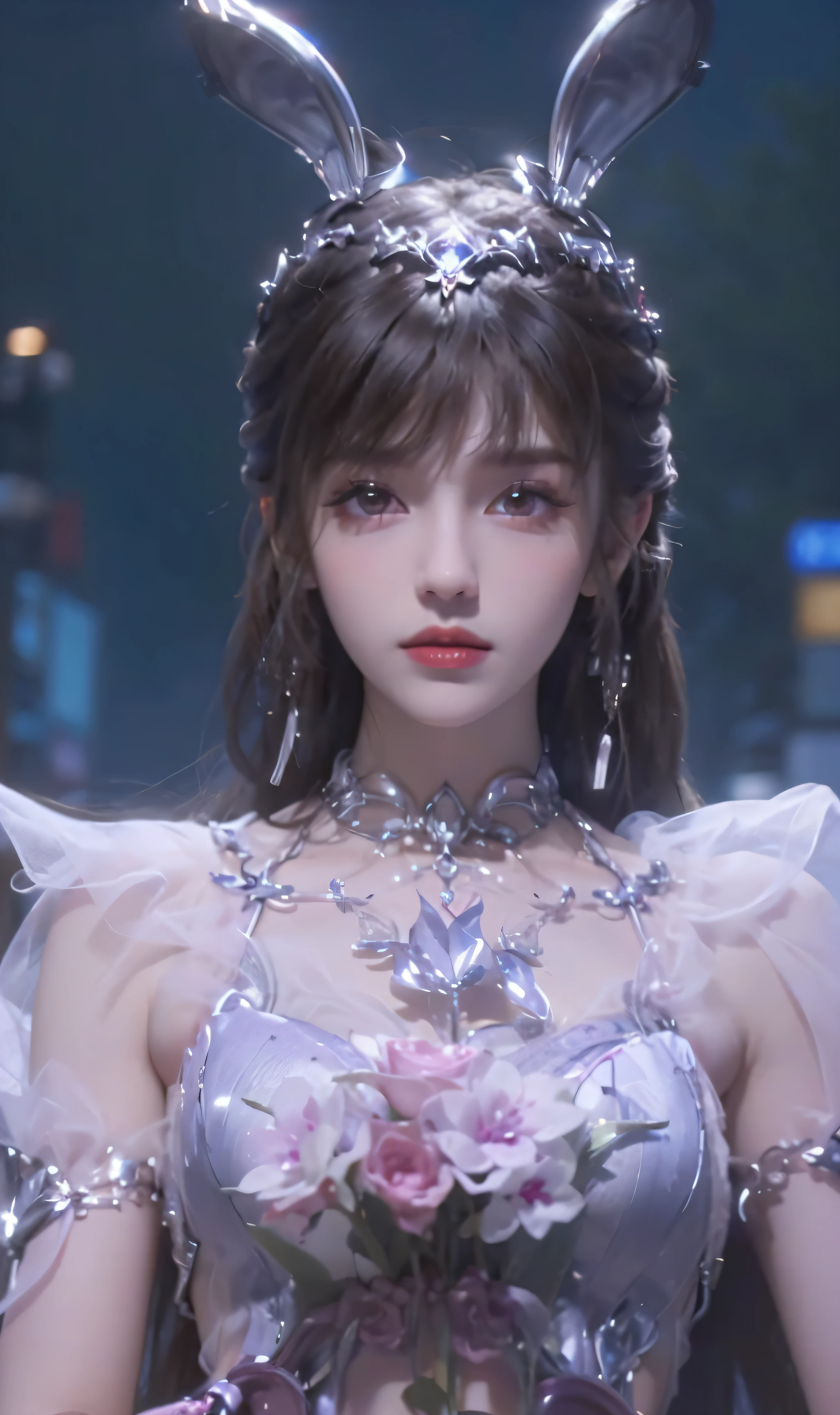 ((Realistic lighting, Best quality, 8K, Masterpiece: 1.3)), Clear focus: 1.2, 1girl, Perfect Figure: 1.4, Slim Abs: 1.1, ((Dark brown hair)), (White crop top: 1.4), (Outdoor, Night: 1.1), City streets, Super fine face, Fine eyes, Double eyelids,