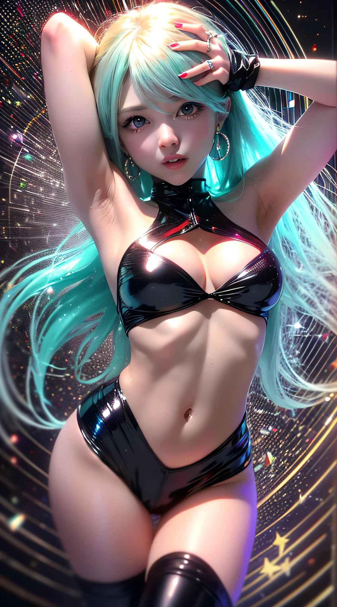 (((obra maestra))), 1chica, Hatsune Miku, vocaliid, Super detailed, cara hiperrealista, (flirtatious expression), (leotardo rosa), guantes azules, pantys, ((super cute face)), ((cara angelical)), ((Incredibly beautiful eyes)), (ojos luminosos), (cuerpo completo), (cabello luminoso), Super sexy hair, (manos delicadas y perfectas), (Perfect anatomy), Super delicate and sexy body, Pose sexy, ((ulzzang)), (Super thin face), Delicate features, ultra detalladas, mejor calidad, Cinematic lighting, belleza cautivadora, mirada sexy, fondo bonito de estrellas