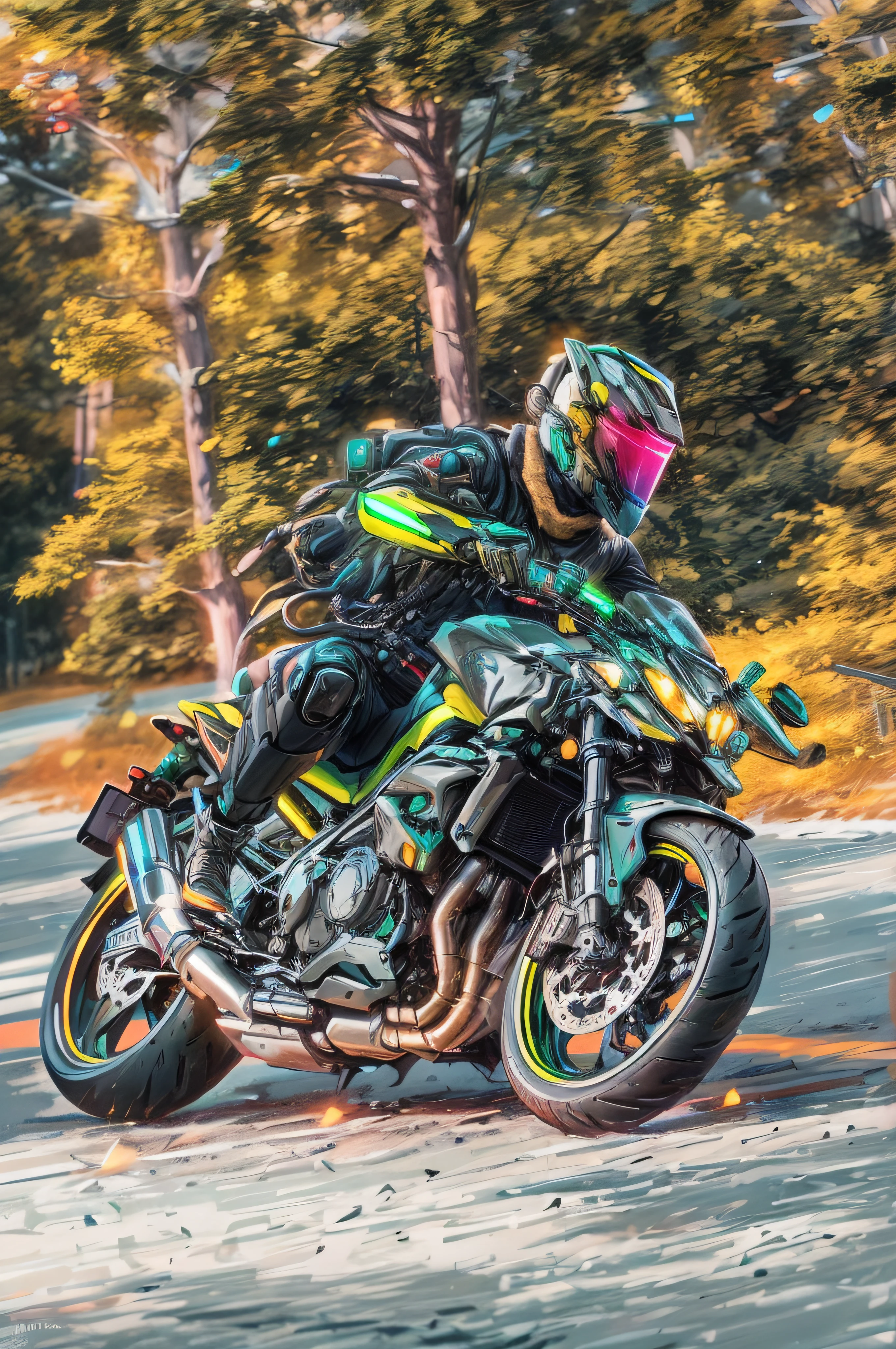 1 guy, A black and green motorcycle, Black helmet, (Reflective windshield:1.2), solo,
The mech, mech clothes, Neon lights, Green tree background，
4K, Best quality, Masterpieces, high-quality, Realistic, finely detailed, ultra-high res,(Photorealistic:1.4),
Neon Rays, CyberpunkAI, GlowingRunes_red, cyborg, roblit, Mecha musume, Mechanical parts, robot joints, headgear,