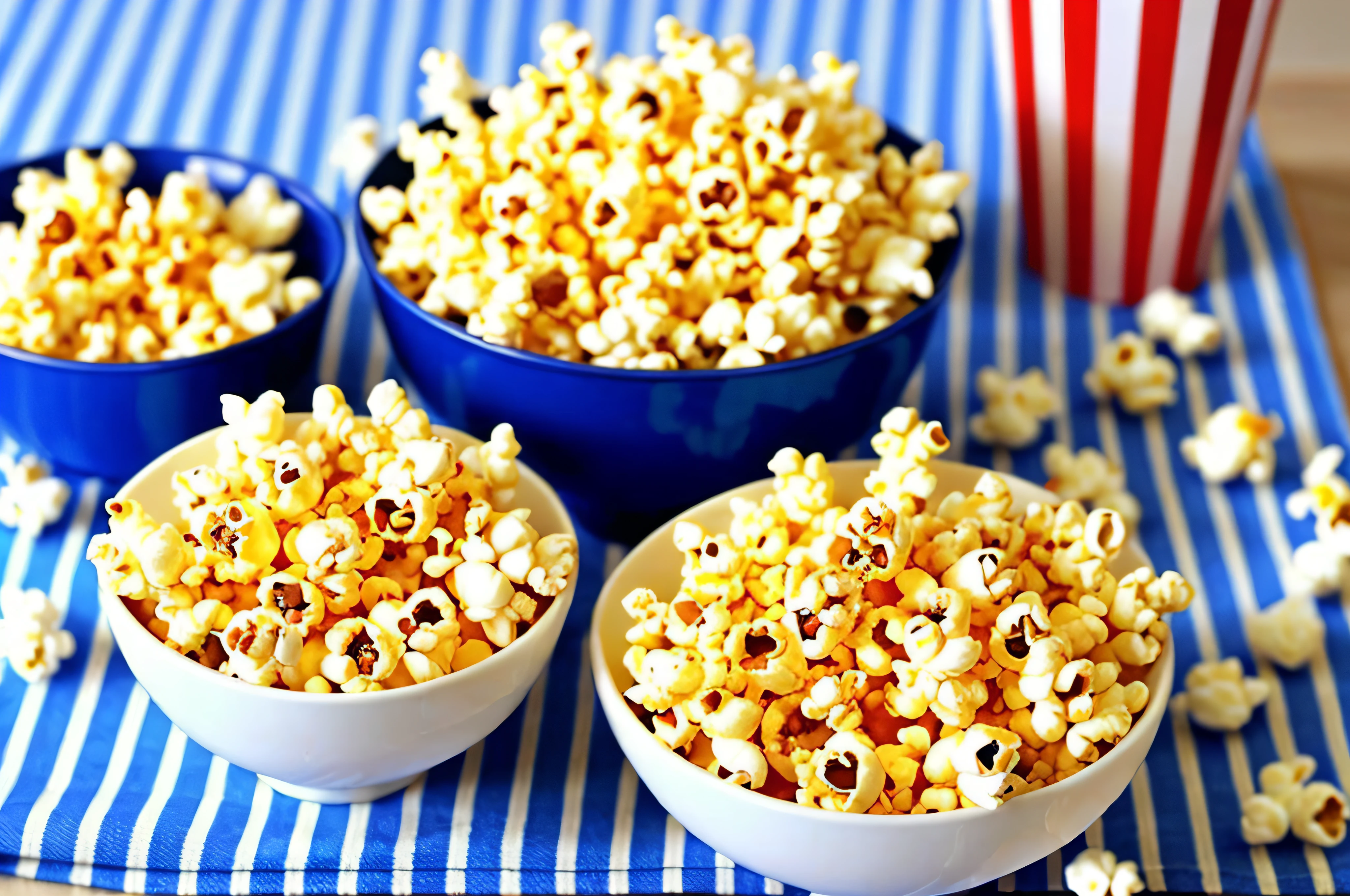 there is a bowl of popcorn on a table with a striped tablecloth, yummy, snacks, popcorn Popcorn burst