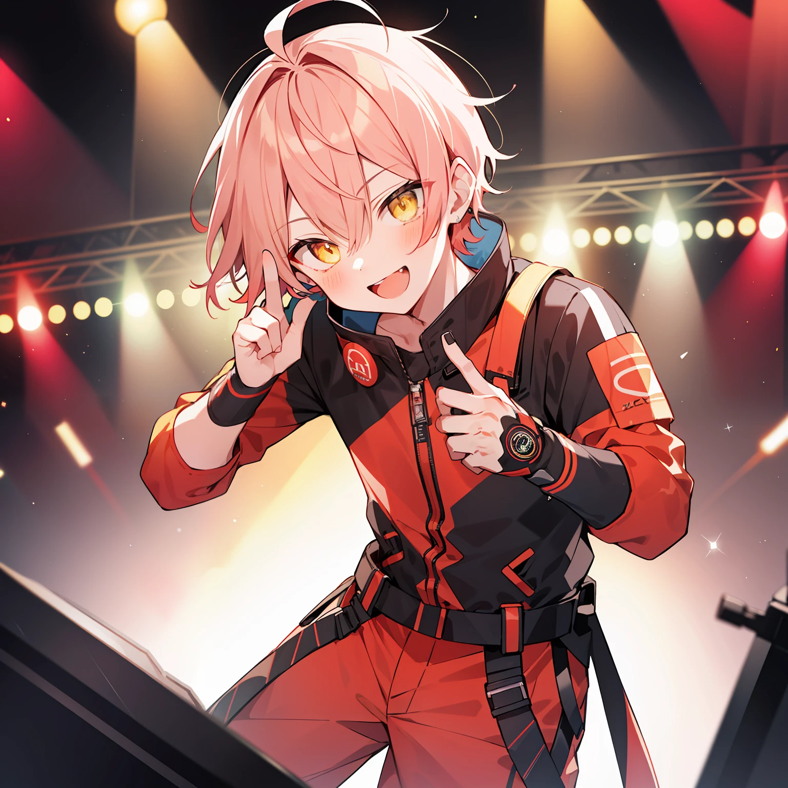 (high-quality, breathtaking),(expressive eyes, perfect face), 1boy, male, solo, short, young boy, short curly pink hair, yellow eyes, smile, neon red cyber outfit, pants, on stage, spotlight