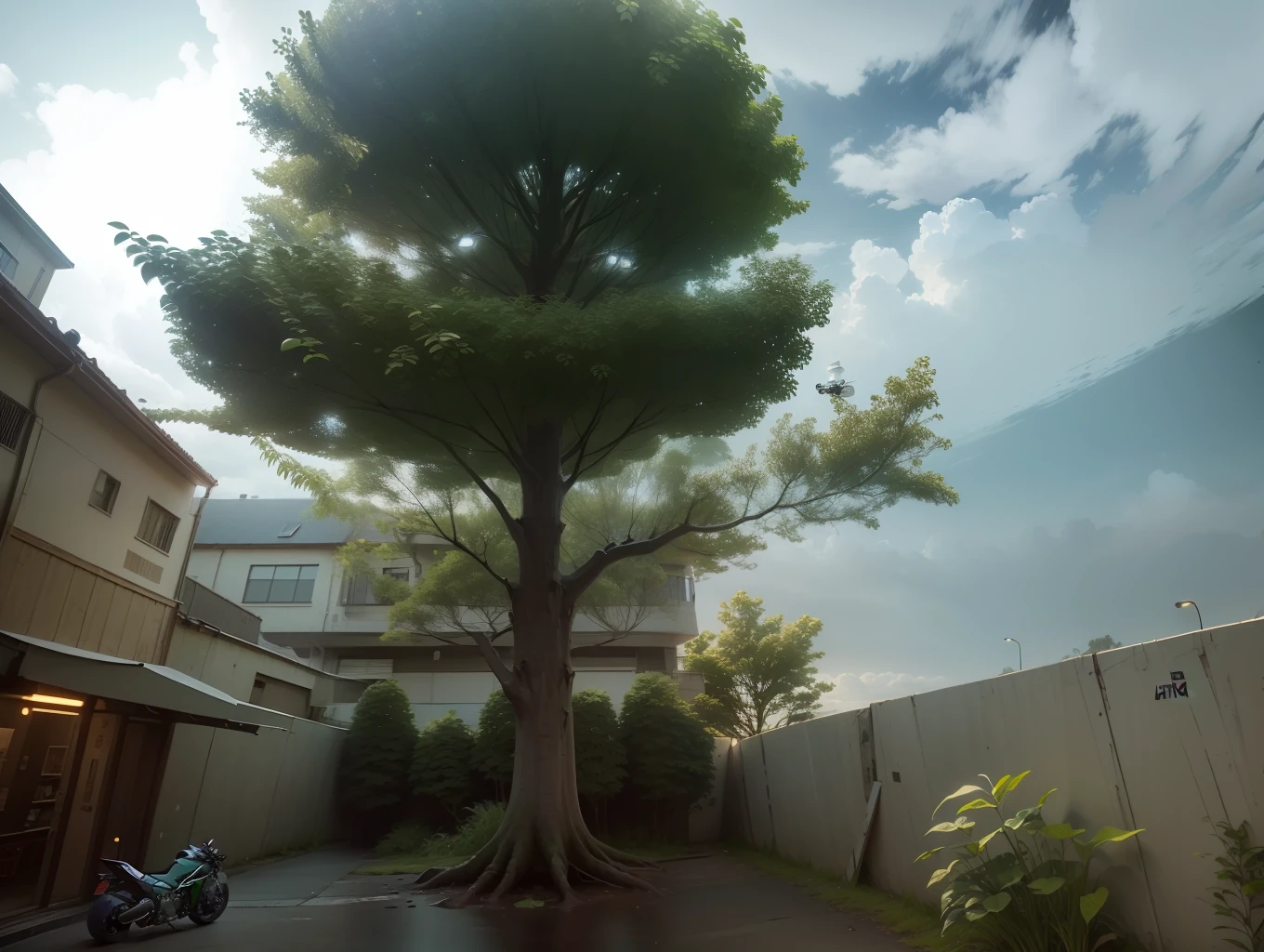 ((Best quality, 8k, Masterpiece :1.3)), Fireflies, Ninja H2R bike, small planets and spaceships in the background, glowing leaves, cloudy sky, 8k ultra HD picture,