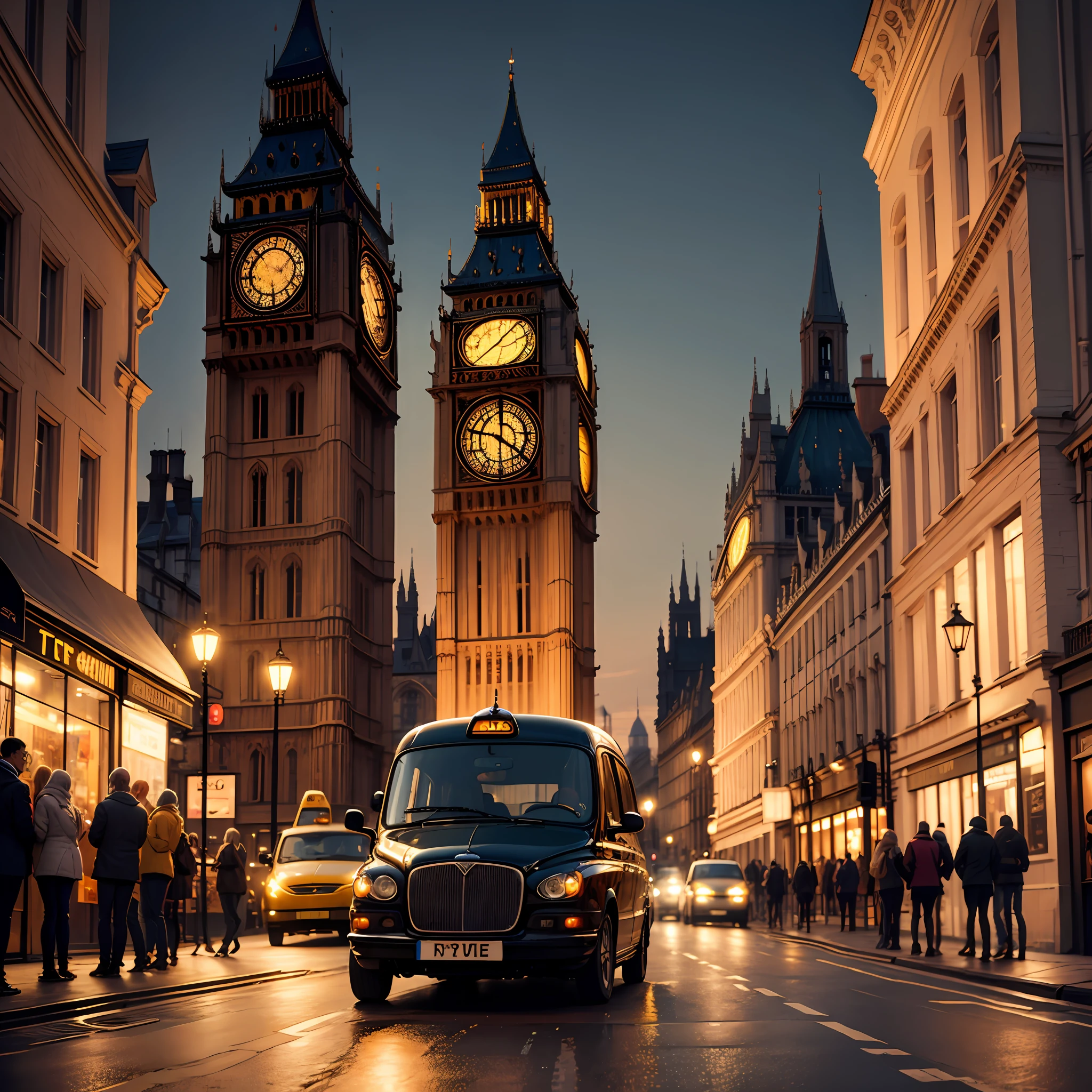 London taxis,Big Ben at night,The streets are brightly lit,The flow of people is moving --auto