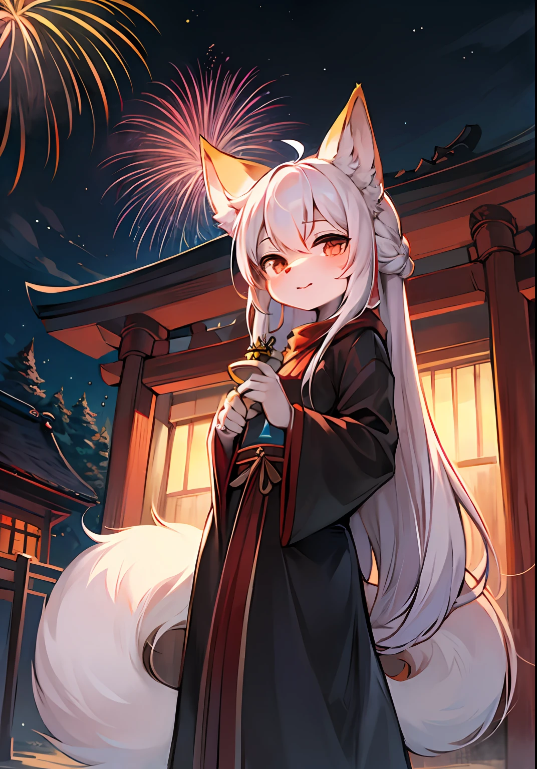 Dark environment，Brilliant fireworks，best quaity，8K，At night，Shrine scene，Inari Shrine，Bong box，The afterglow of fireworks spills on the pillars of the shrine，Fox type，Long white hair，Furry tail and ears，The tail and ears are printed with the color of fireworks，Girl on a solo basis，Age not more than 12 years old，White witch costume，Hand held fan，Super cute face，