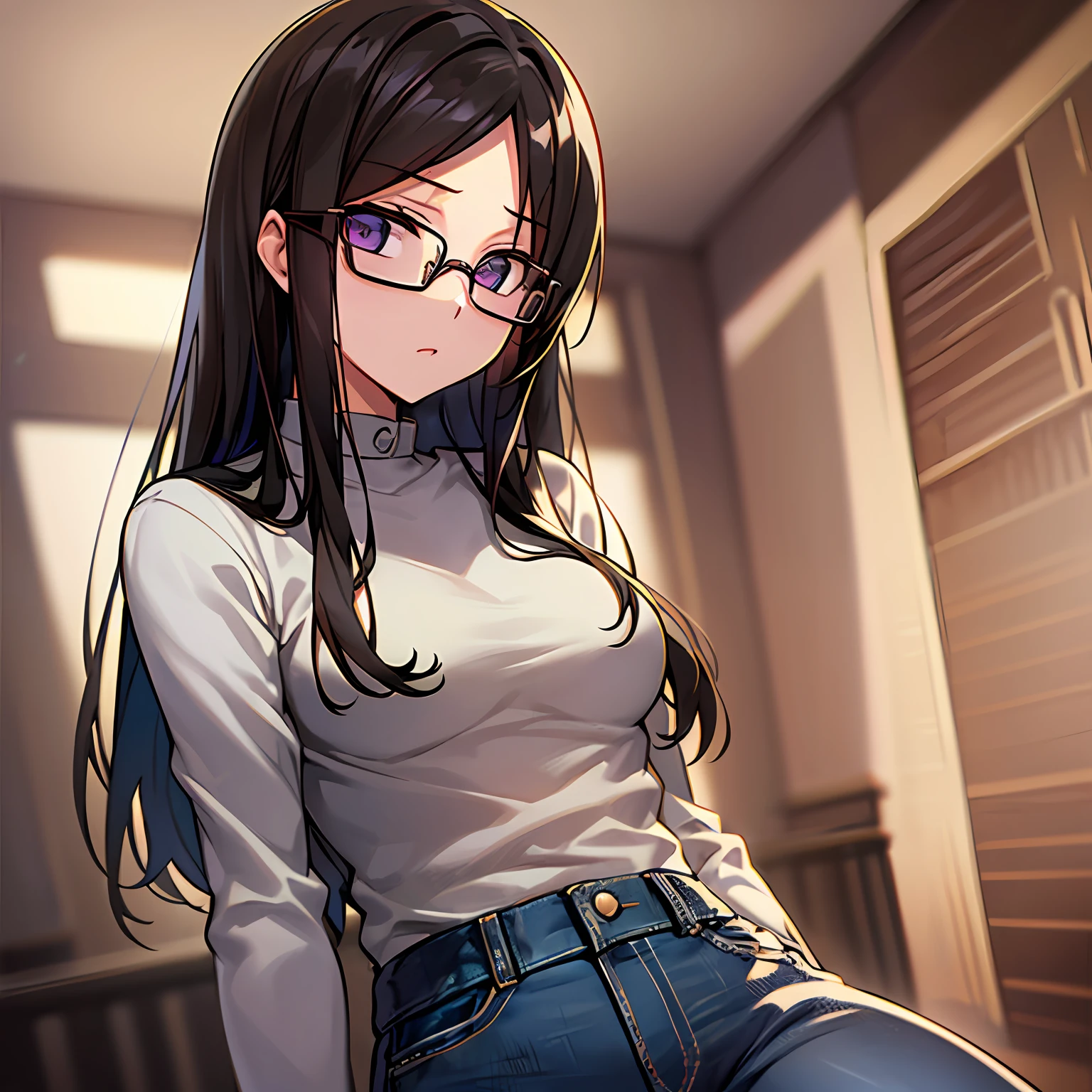 hyper-detailed、((master masterpiece、bestquality、detaild))、Hard rim lighting、((Dramatic lighting))、Sharp Focus、One Girl、Code Geass、C.C.、Dark hair、Black-rimmed glasses、All over body、shirt、jeans、Small breasts、Slender