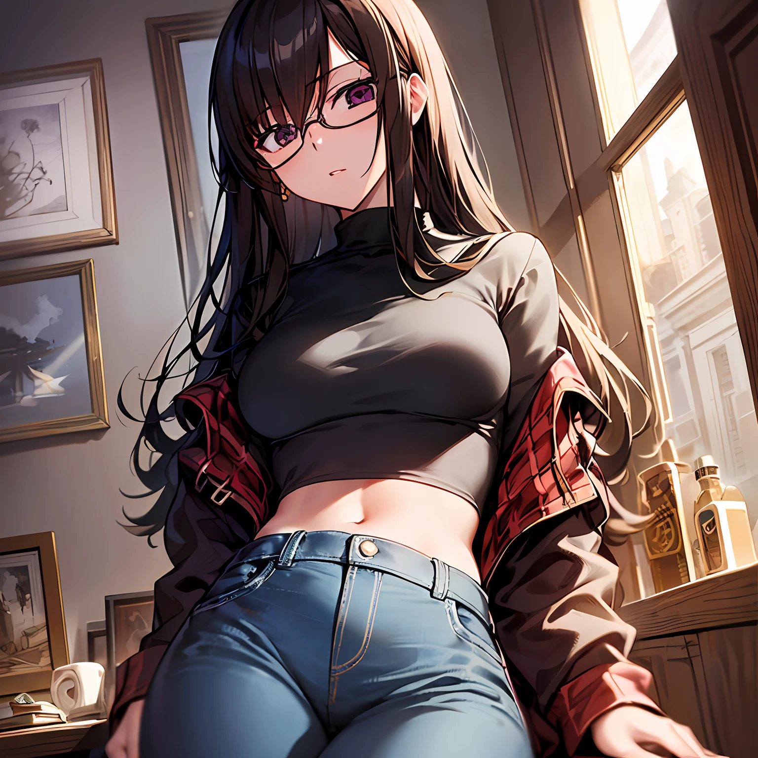 Super detailed、((master masterpiece、bestquality、detaild))、Hard rim lighting、((Dramatic lighting))、Sharp focus、One Girl、Code Geass、C.C.、Dark hair、Black-rimmed glasses、full bodies、shirt、jeans、Small breasts、Slender