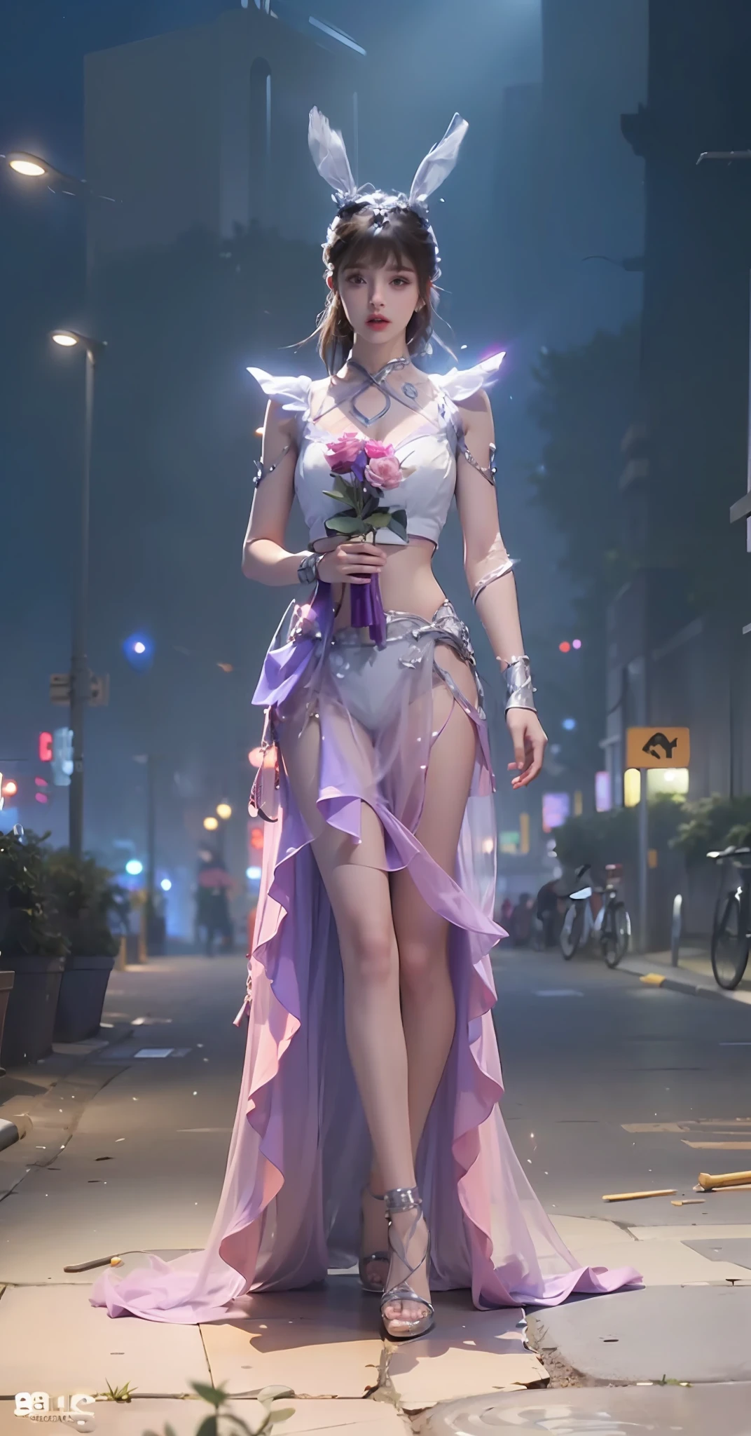 ((Realistic lighting, Best quality, 8K, Masterpiece: 1.3)), Clear focus: 1.2, 1girl, Perfect Figure: 1.4, Slim Abs: 1.1, ((Dark brown hair)), (White crop top: 1.4), (Outdoor, Night: 1.1), City streets, Super fine face, Fine eyes, Double eyelids,