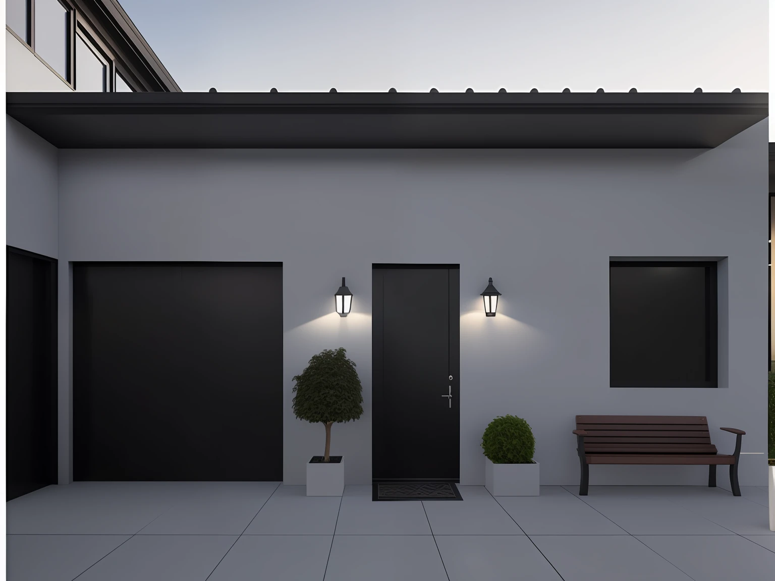 Front view of a white house, with a colonial roof on the freight in the back sit/testa, with French hand stand, There is a black door and a bench on the forehead to a white house, cinematic outdoor lighting, render 3d bem iluminado, em testa a uma garagem, high quality rendering, night time render, 3 d render mesmo aceso, outside lighting, corona render, highly photographic render, lumion render, high quality 3d render, high quality 3d render, with photorealistic lighting