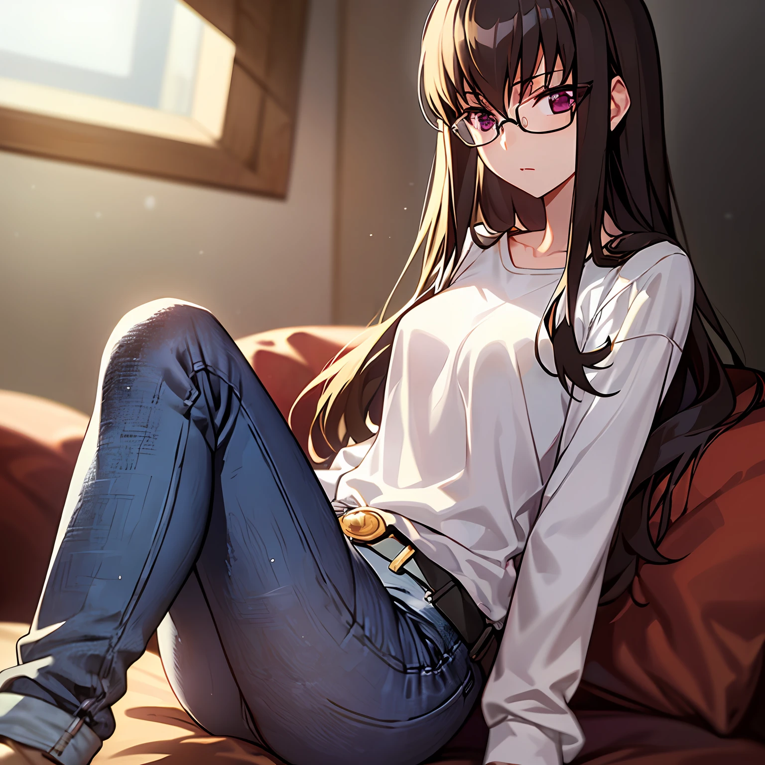 Super detailed、((master masterpiece、bestquality、detaild))、Hard rim lighting、((Dramatic lighting))、Sharp focus、One Girl、Code Geass、C.C.、Dark hair、Black-rimmed glasses、full bodies、shirt、jeans、Small breasts、Slender