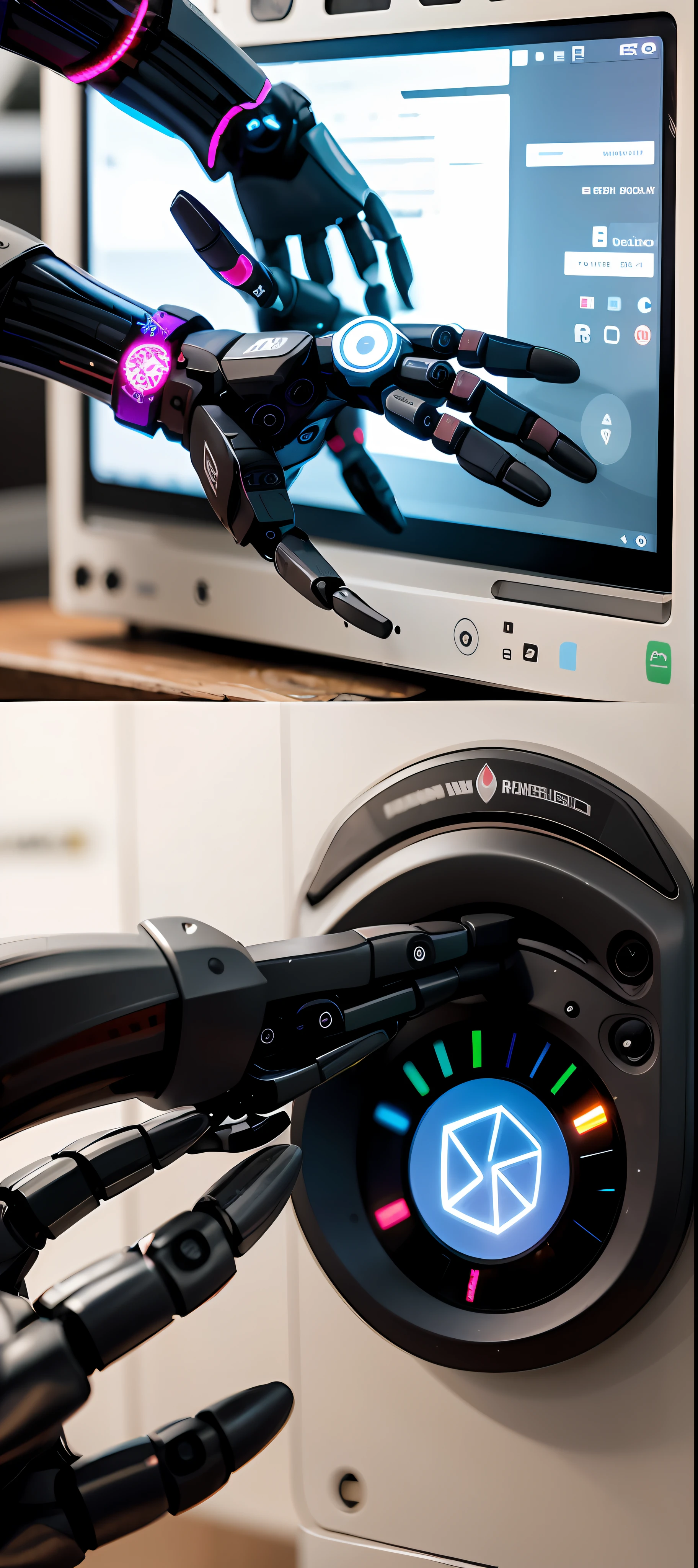 a close up of a robot hand with a lot of icons coming out of it, endless collaboration with ai, strong artificial intelligence, artificial intelligence, with ai theme, artificial intelligence!!, the coming ai singularity, robot in data center, robotics, with robotic arms, artificial intelligence machine, with a robotic arm, robotic, robotic enhancements, ai startup