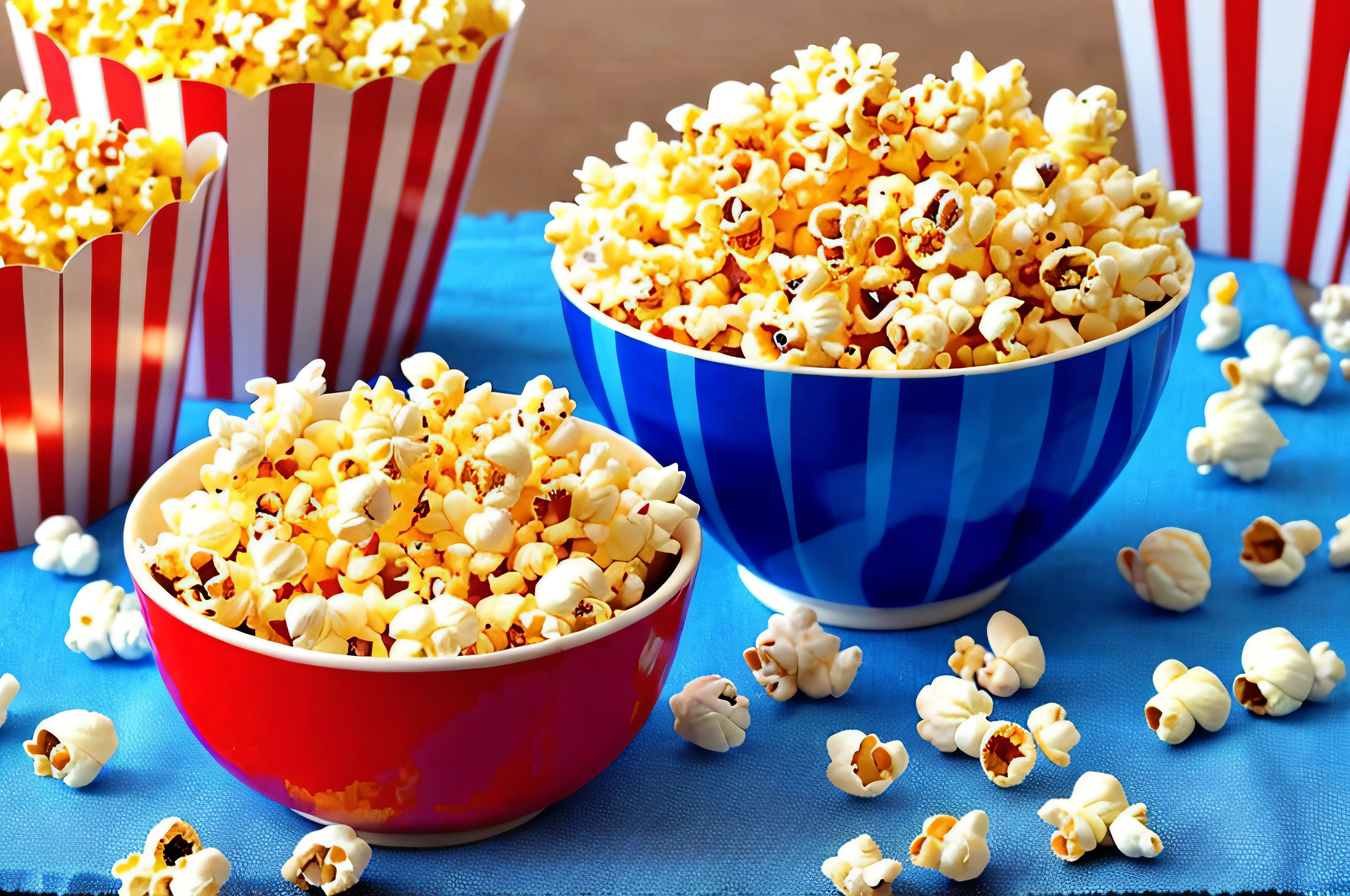 there is a bowl of popcorn on a table with a striped tablecloth, yummy, snacks, popcorn Popcorn burst