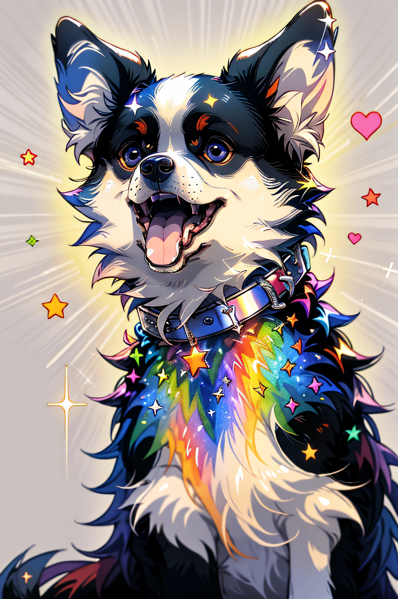 Niji is proud， solo， smiles， opened mouth， tails， heart， tongue， tongue out， stars （symbol）， Collar， no human， Sparkle， fang， looking up， dog， Animal focus， sparkling eyes， fluffy，adorable