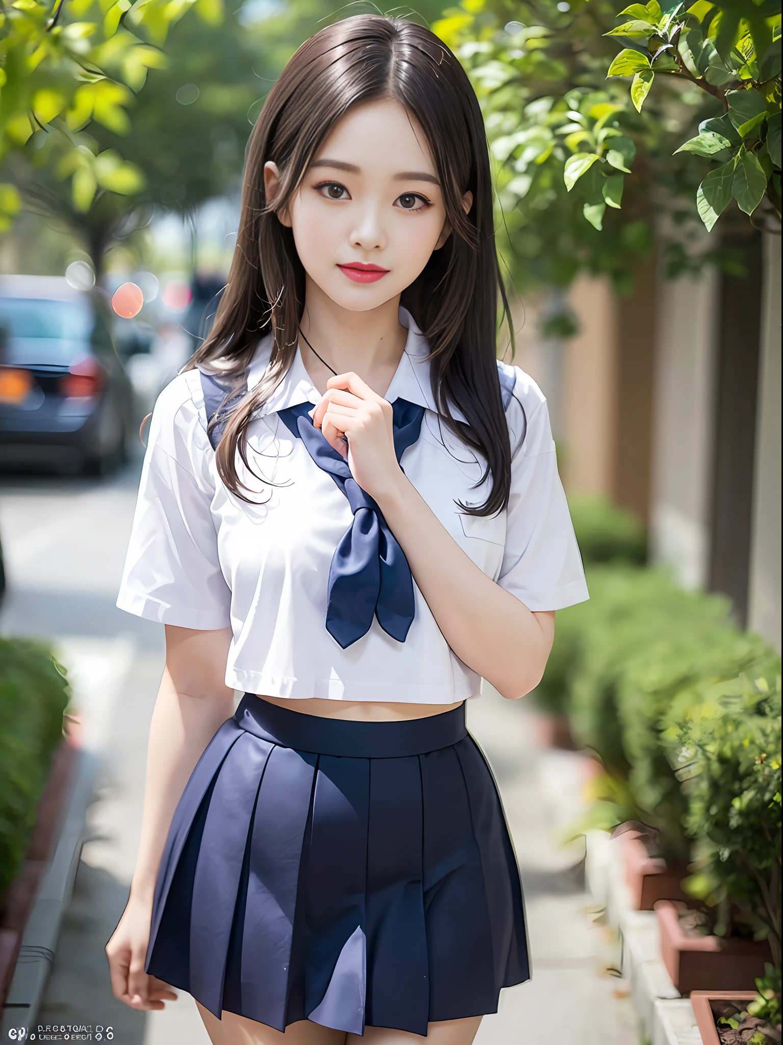 ((Best Quality, 8K, Masterpiece: 1.3)), Super Cute Beautiful Woman, 1 Girl, (Beautiful Breasts:1.3), (Abs, Slender Figure: 1.1), Sharp Focus, (((Intricate Details)), High Detail, Upper Body, One Girl, Black Straight Hair with bangs, Japan Schoolgirl Uniform, White sailor clothes, navy Pleats Skirt, knee-length skirt, detailed school girl uniform, 8K, 8K Resolution, clean detailed face, Detailed Body, Detailed Clothes, Sharp Images, Japan Anime Concept Art, trending on Pixiv, looking the viewer, facing the viewer, seductive model pose, seductive smile, pink lipstick, bokeh, field of depth, 8 life size, 8k resolution, upper body image, shot on EOS 5D Mark IV, 35mm lens, f1.8,