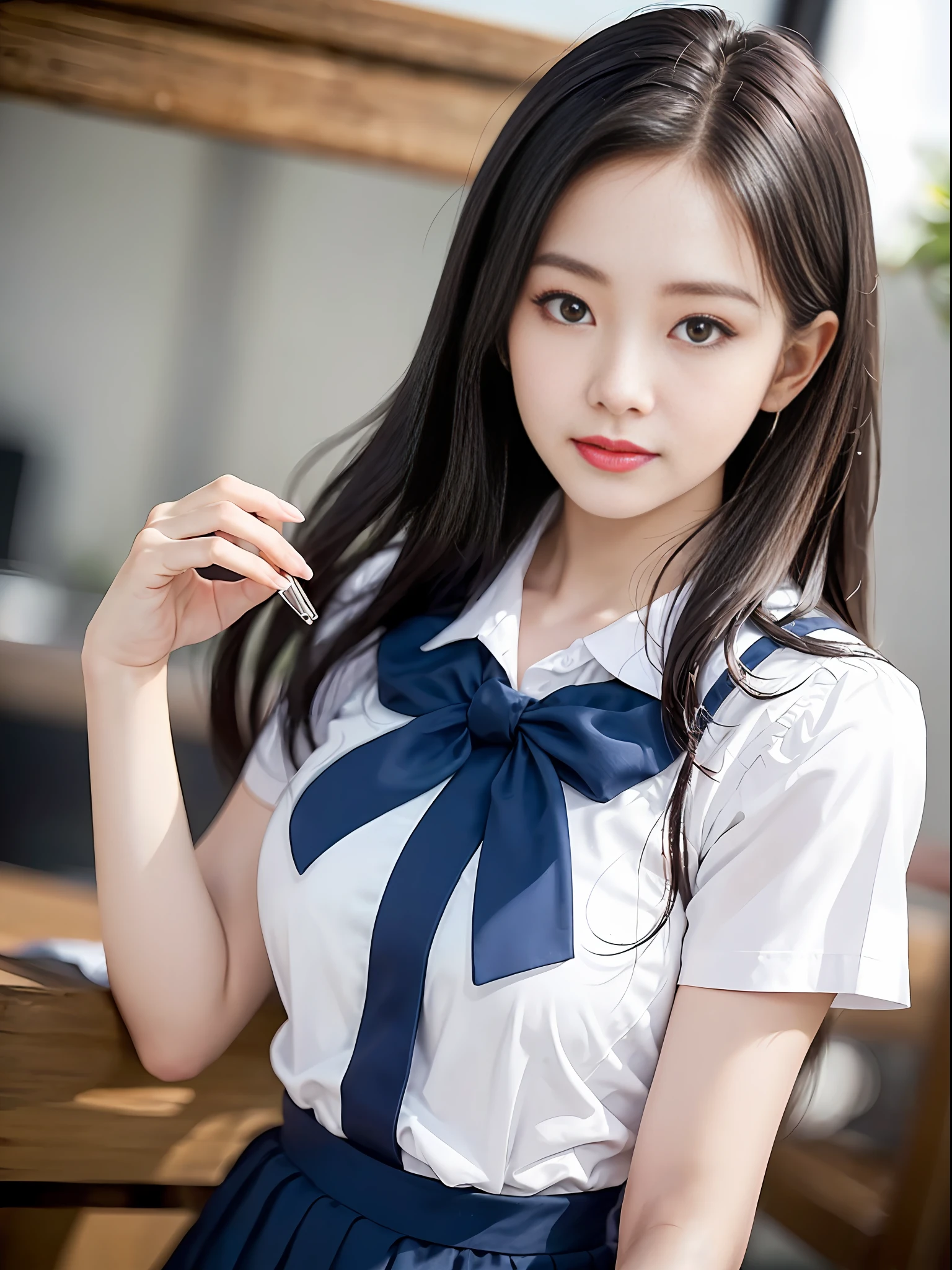 ((Best Quality, 8K, Masterpiece: 1.3)), Super Cute Beautiful Woman, 1 Girl, (Beautiful Breasts:1.3), (Abs, Slender Figure: 1.1), Sharp Focus, (((Intricate Details)), High Detail, Upper Body, One Girl, Black Straight Hair with bangs, Japan Schoolgirl Uniform, White sailor clothes, navy Pleats Skirt, knee-length skirt, detailed school girl uniform, 8K, 8K Resolution, clean detailed face, Detailed Body, Detailed Clothes, Sharp Images, Japan Anime Concept Art, trending on Pixiv, looking the viewer, facing the viewer, seductive model pose, seductive smile, pink lipstick, bokeh, field of depth, 8 life size, 8k resolution, upper body image, shot on EOS 5D Mark IV, 35mm lens, f1.8,