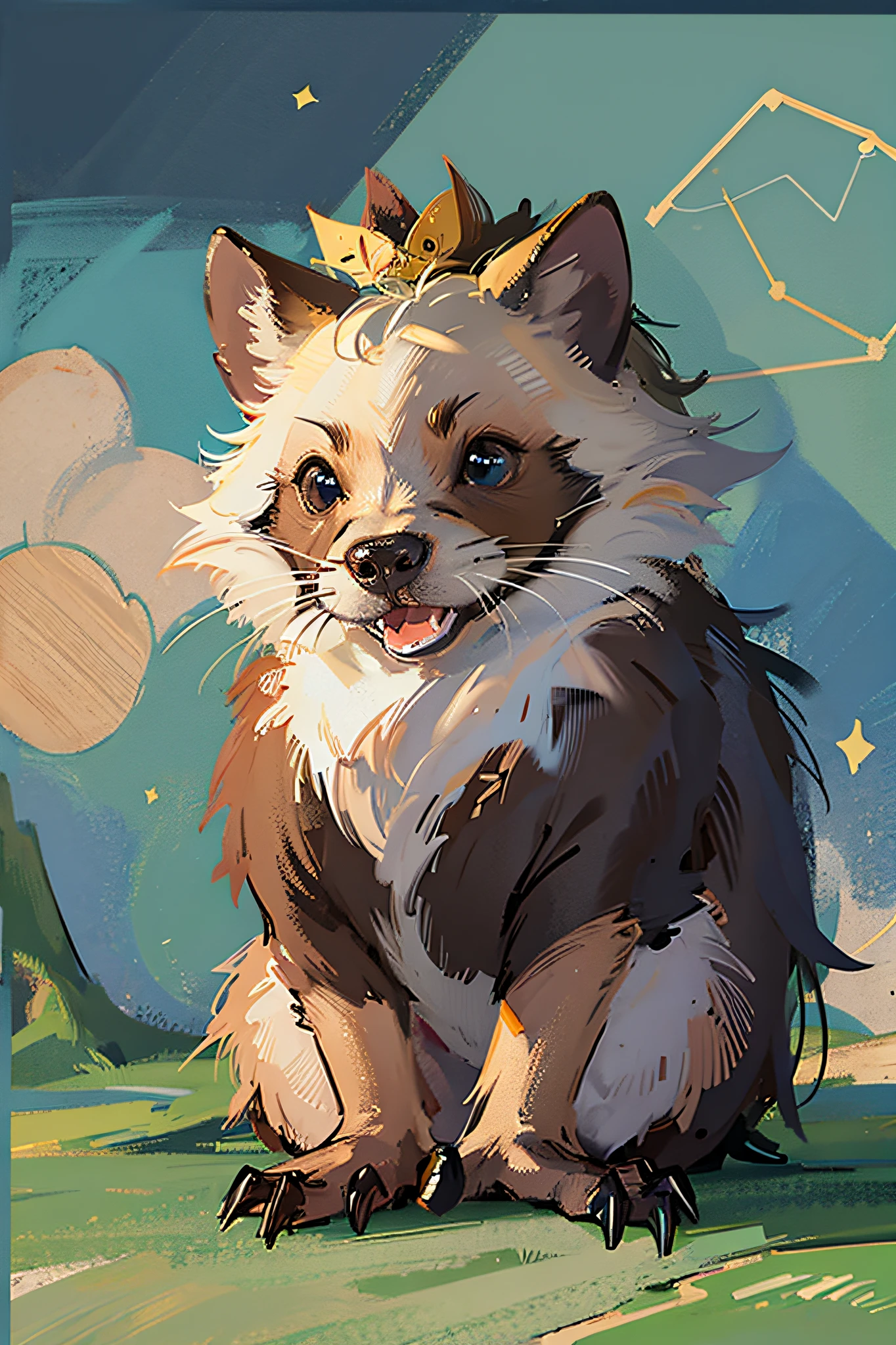 Niji is proud， solo， smiles， opened mouth， tails， heart， tongue， tongue out， stars （symbol）， Collar， no human， Sparkle， fang， looking up， dog， Animal focus， sparkling eyes， fluffy，adorable