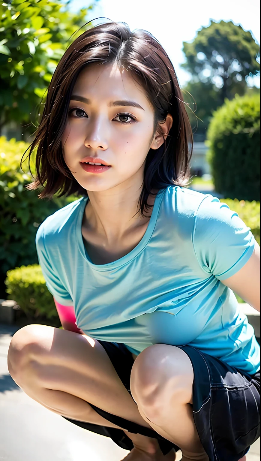 (Best quality, 8k, 32k, Masterpiece, UHD:1.2),Photo of Pretty Japanese woman,black short hair,beauty face,(leaning forward:1.3),squatting,(from above:1.2),(close up:1.4),pov,loose t-shirt,large breasts,(beautiful nipple slip:0.9),outdoors,windy,shiny skin,blurry background,