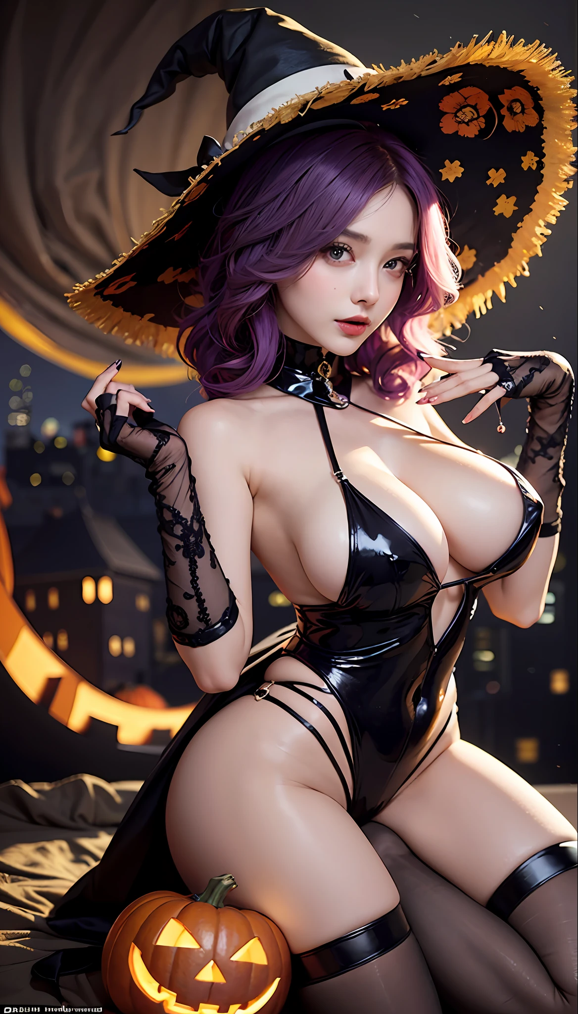 Sexy witch，Sexy stunner，Beautiful facial features，big Breasts，8K resolution，Studio quality，super high definition，Ultra-fine details，Halloween carnival night，pumpkin，Top design，Masterpieces，Brilliantly lit，Full body photo