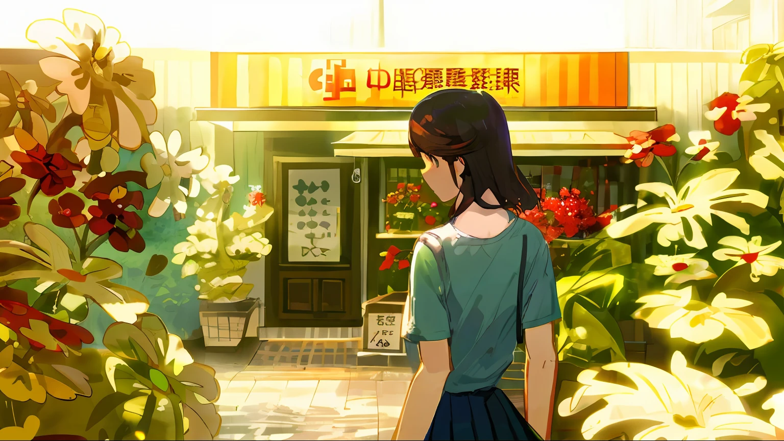 schoolgirl，Back，Go ahead，Professional casual wear，Close-up，Clumps of small red flowers，Fucai store，sun shine