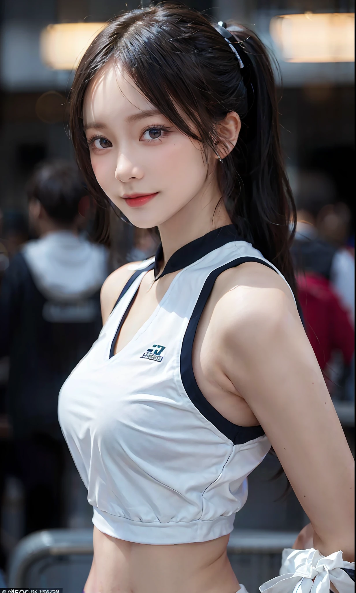 (RAW photo: 1.2), top quality, beautiful detailed girl, cheergirl, from below, ponytail, smile, highly detailed eyes and face, beautiful detailed eyes, huge file size, high resolution, 8k wallpaper, fine detail, highly detailed cheerleader uniform 8k wallpaper, light on face, movie lighting, 16 year old girl, sexy pose, (photorealism: 1.4), Super detail, masterpiece, small breasts, lower breasts visible