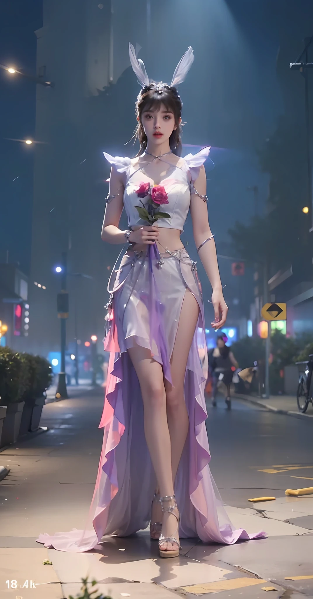 ((Realistic lighting, Best quality, 8K, Masterpiece: 1.3)), Clear focus: 1.2, 1girl, Perfect Figure: 1.4, Slim Abs: 1.1, ((Dark brown hair)), (White crop top: 1.4), (Outdoor, Night: 1.1), City streets, Super fine face, Fine eyes, Double eyelids,