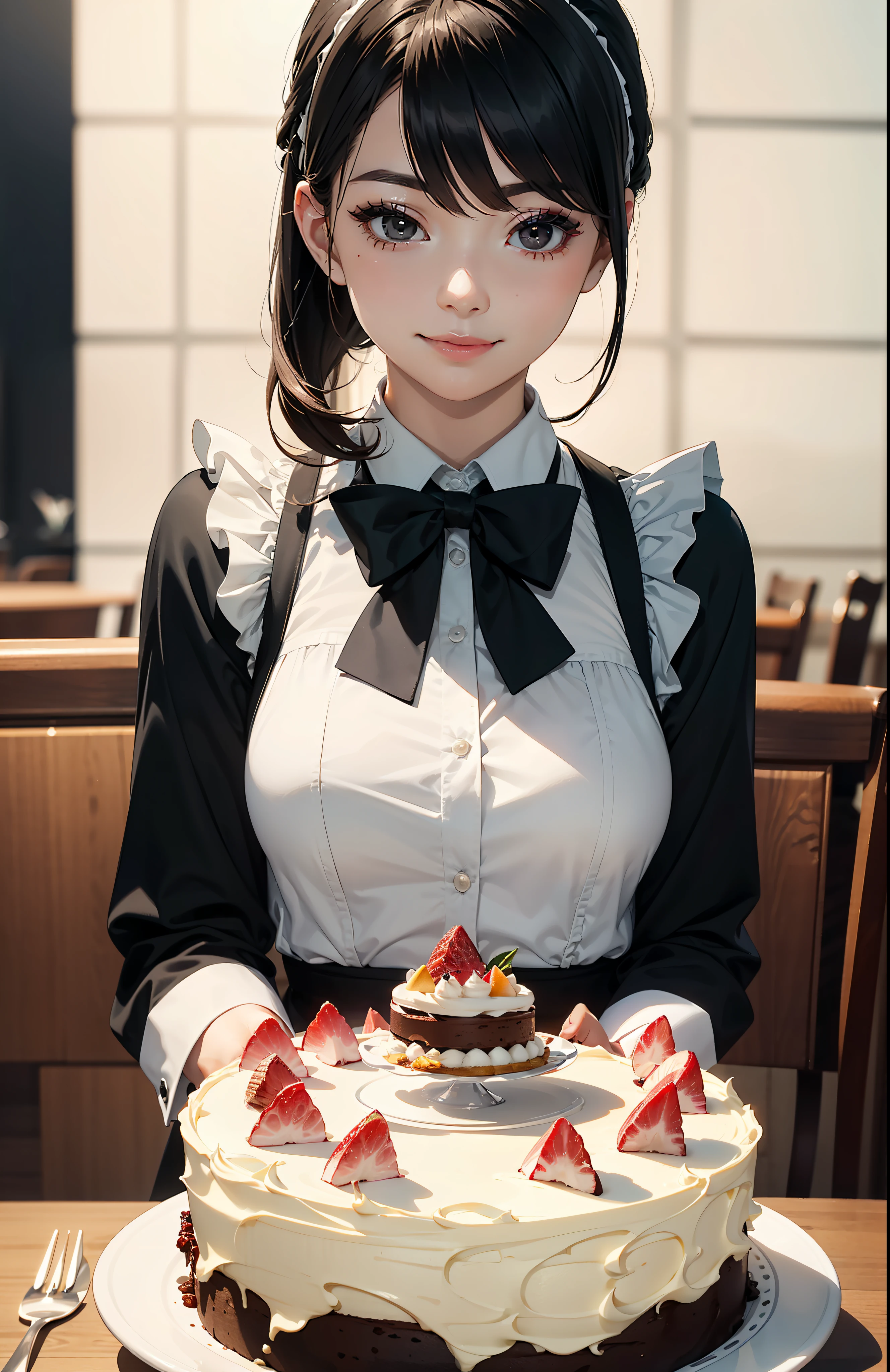 (photo realistic:1.1)、(blur:1.5)、(GLDOT:1.3)、
(master masterpiece:1.3), absurdres, Hi-Res, super-detailed, 1girle, (Detail Made Bow Tie:1.3),
dark brown disheveled hair、Transparent hair、(Beautiful cute black eyes:1.3)、Beautiful skin、(Natural makeup:1.1)、solo、Dynamic angles、smiles、
Maid serving a large and sumptuously decorated whole cake for celebration、 night、Sophisticated and incredibly spacious with beautiful white walls in sophisticated furnishings々and dining room、wine、steak、hors d'oeuvre、(Party Decoration:1.5)