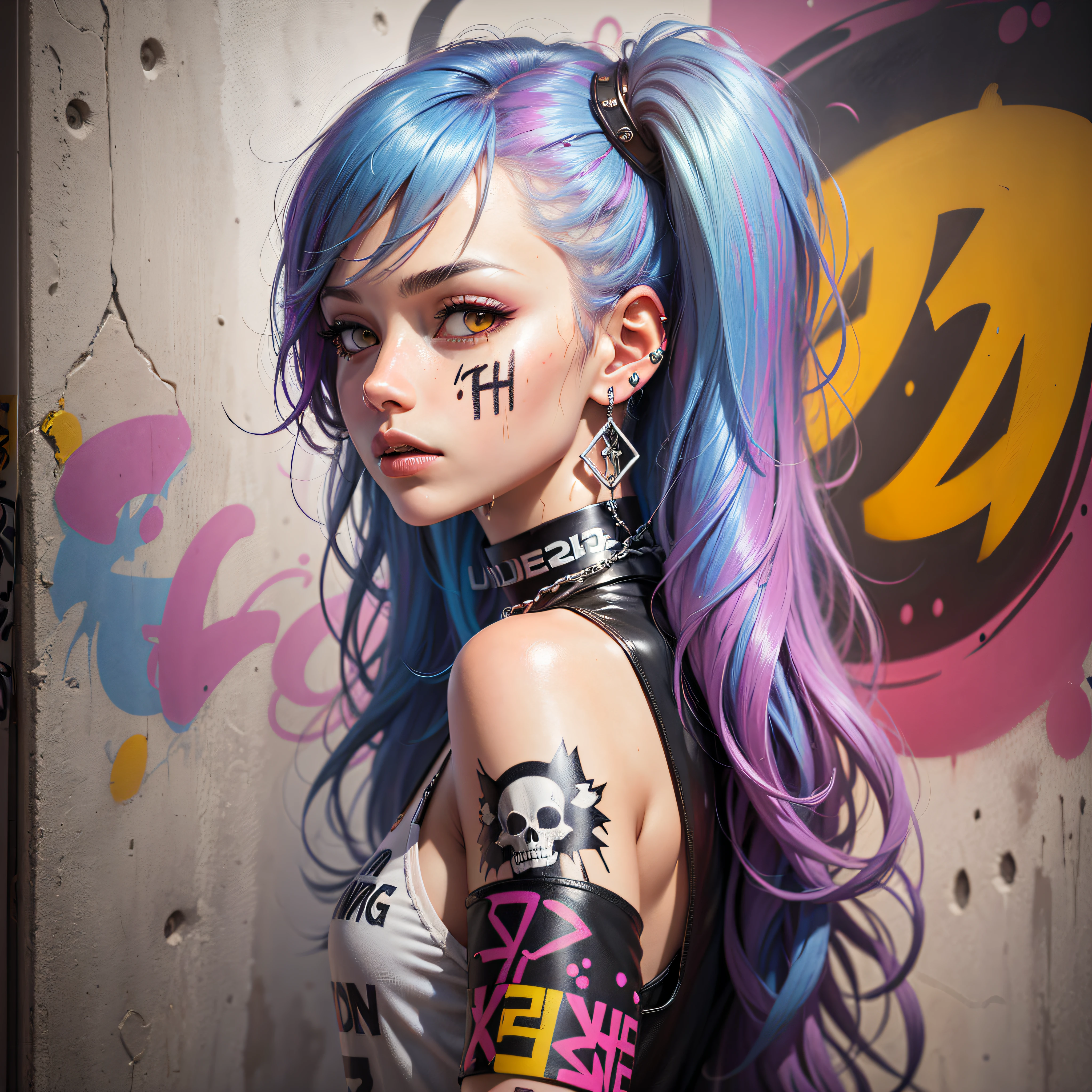 (Masterpiece, illustration , high quality), (ultra detailed background and character), (graffiti style), (monochrome), (multicolored drawing), (multicolored hair), (from side, sideview), (( portrait)), 1girl, full-length, very short + straight hair, Multiple earrings, Skull earrings, (choker, chain choker), wind, (graffiti big letters, graffiti English letters), (graffiti swirling around the character), (graffiti on character), (spray splash), (neon), neon sign, UHD, HDR, 8K, (Masterpiece), (best quality),
By lidija